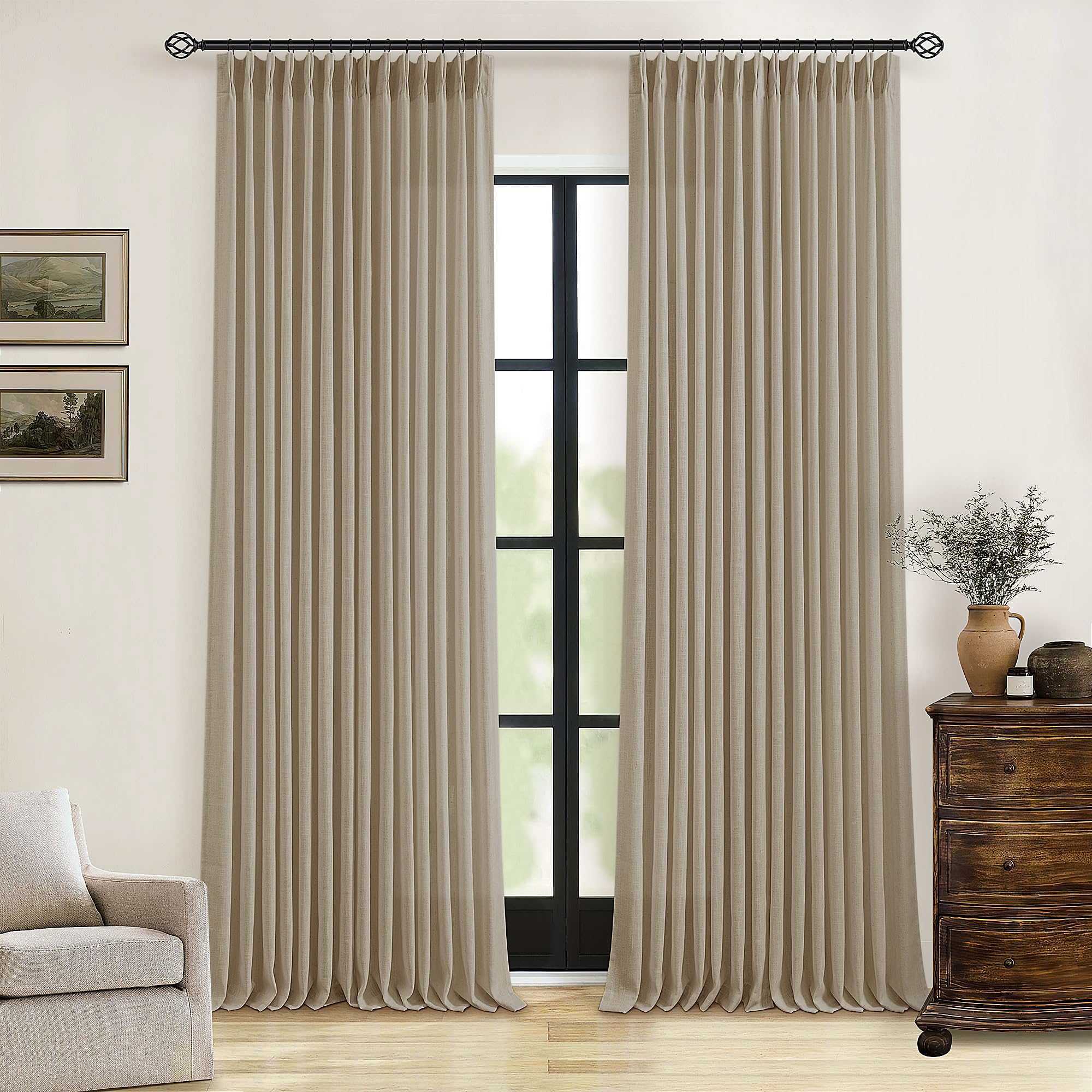 90 Inch Pinch Pleated Linen Curtains 2 Panel Set for Living Room Cream Natural Thick Linen Textured Drapes 90 Inches Long Pinch Pleat Drapes Birch Ivory Semi Sheer Curtain for Dining Bedroom Office