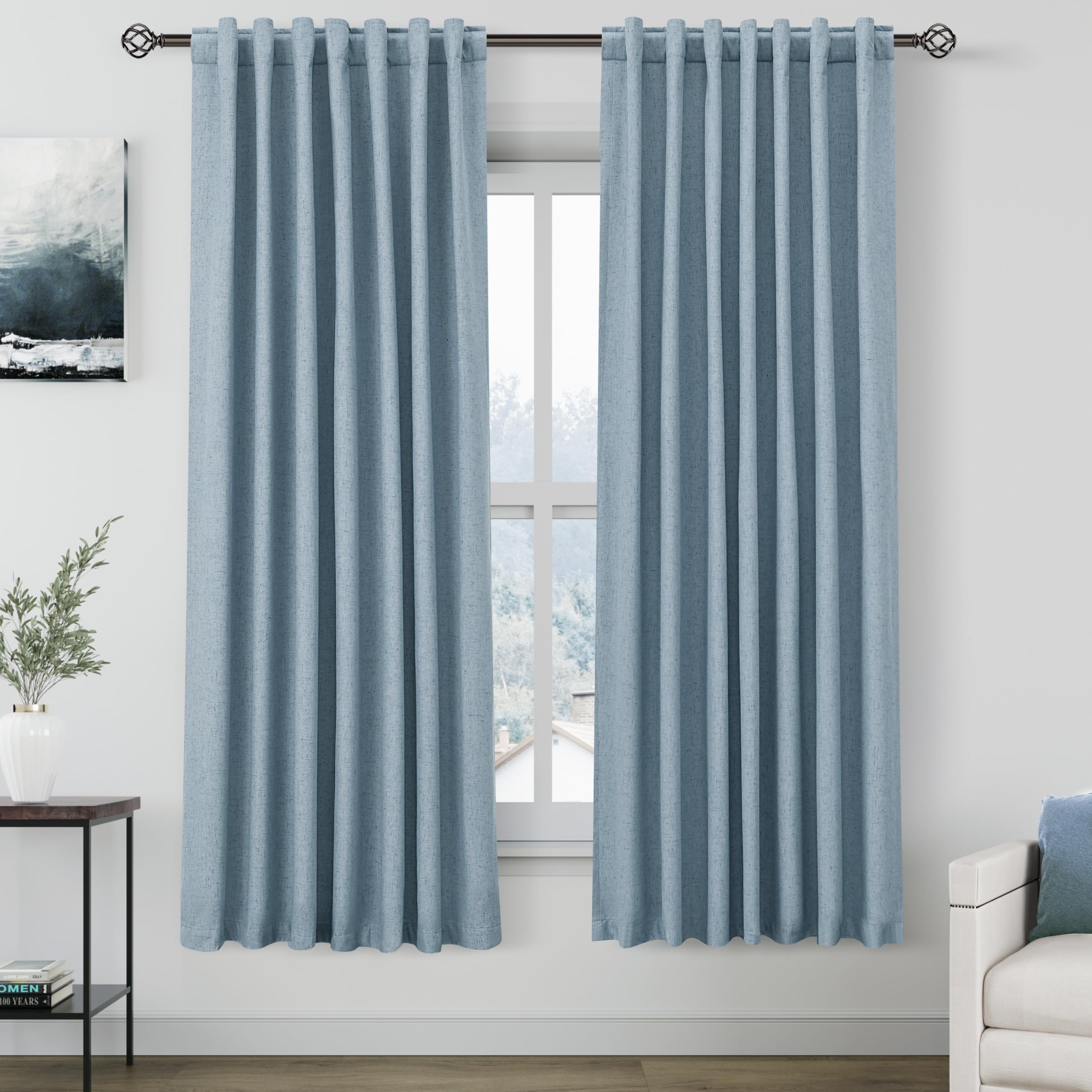 Nanspring Light Grey 100% Blackout Linen Curtains for Bedroom 90 Inches Long Back Tab Thermal Insulated Modern Luxury Simple Black Out Curtain for Living Room Dining Room Drapes 52x90, 2 Panels