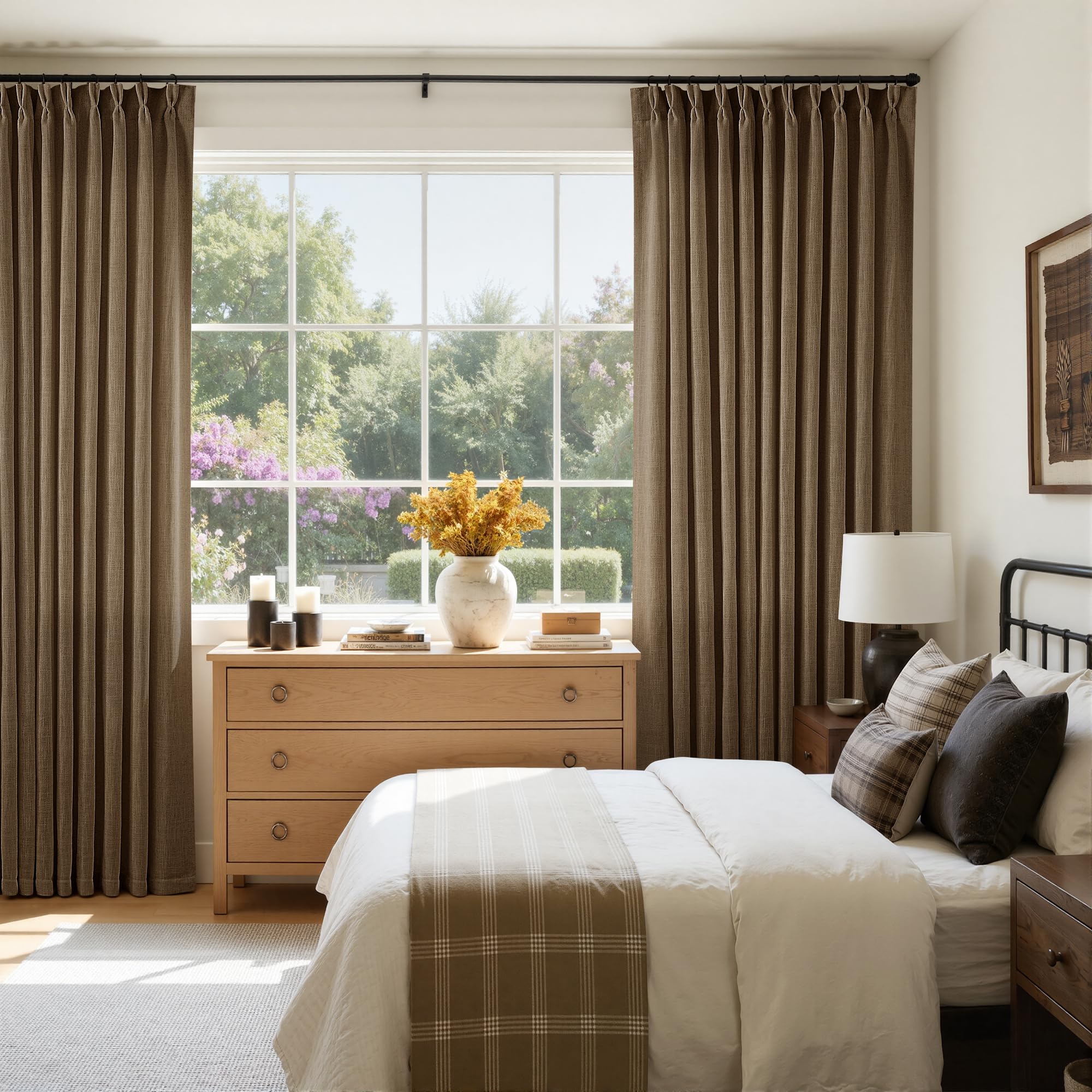 90 Inch Pinch Pleated Linen Curtains 2 Panel Set for Living Room Cream Natural Thick Linen Textured Drapes 90 Inches Long Pinch Pleat Drapes Birch Ivory Semi Sheer Curtain for Dining Bedroom Office
