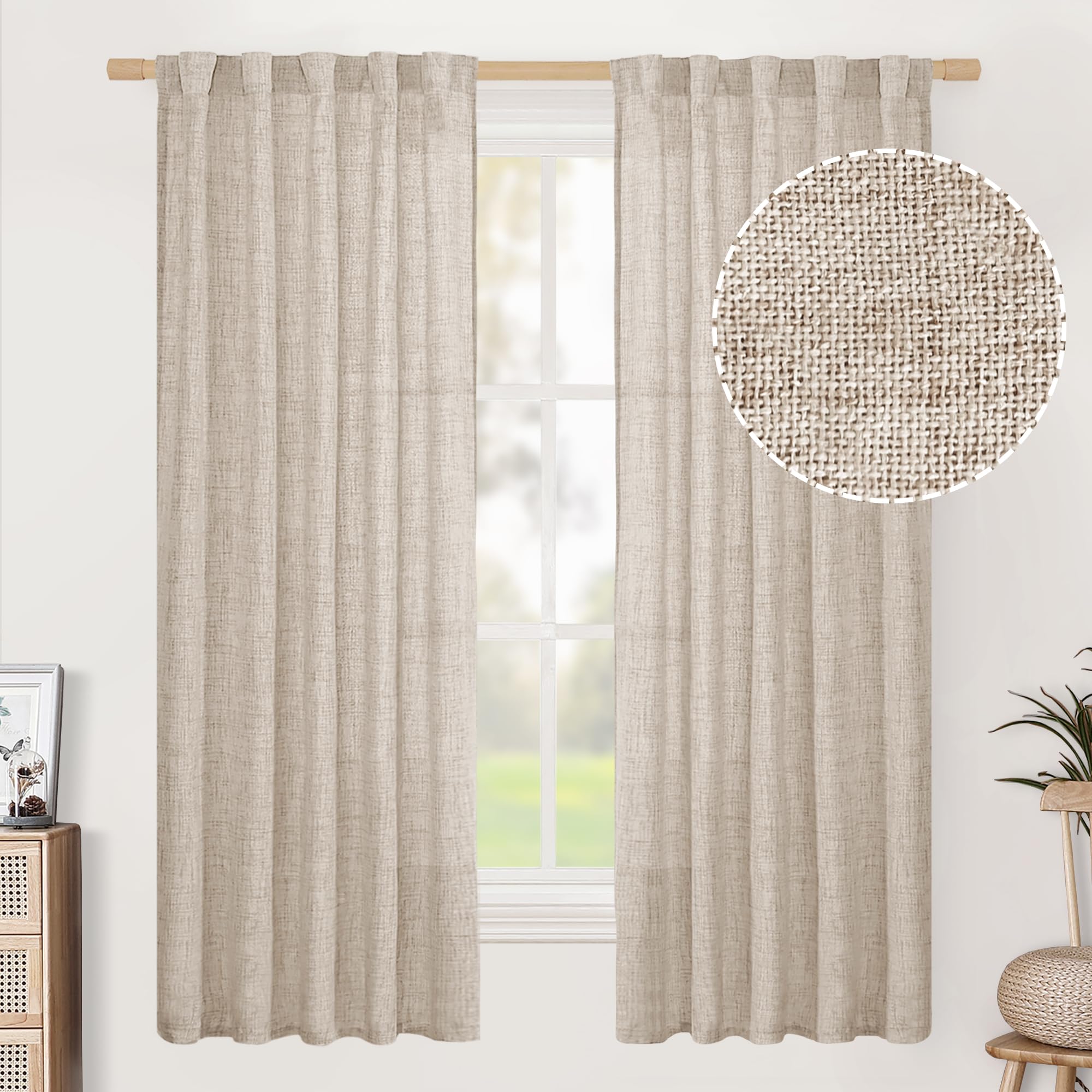 BGment Long 102 Inch Length Linen Curtains for Living Room, Natural Rod Pocket Textured Burlap Drapes Rustic Country Light Filtering for Bedroom Semi Sheer Back Tab, 2 Panel, 52 Inch Wide Each Panel
