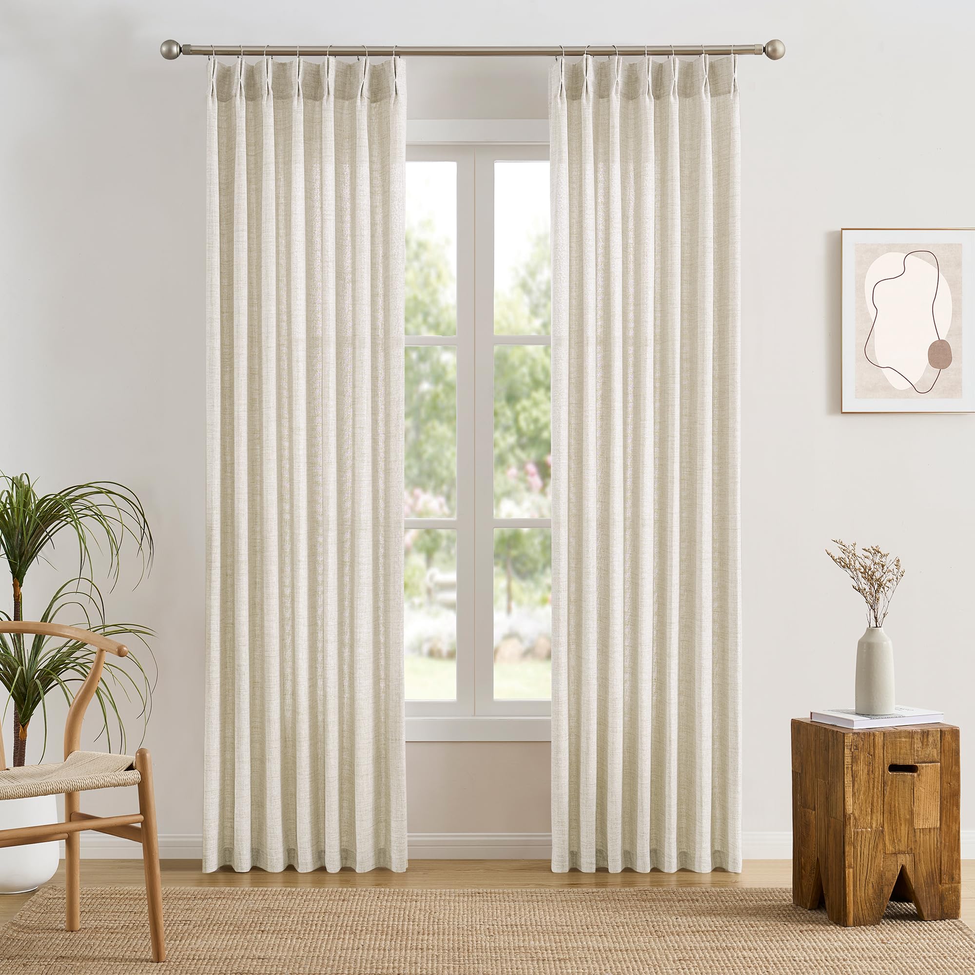 RAIN CITY 102 Inch Curtains Pinch Pleated 2 Panels Set, Back Tab with Hooks Semi Sheer Linen Curtains for Living Room Primitive Window Drapes for Sliding Door Sand Beach Decor 42 Each Wide