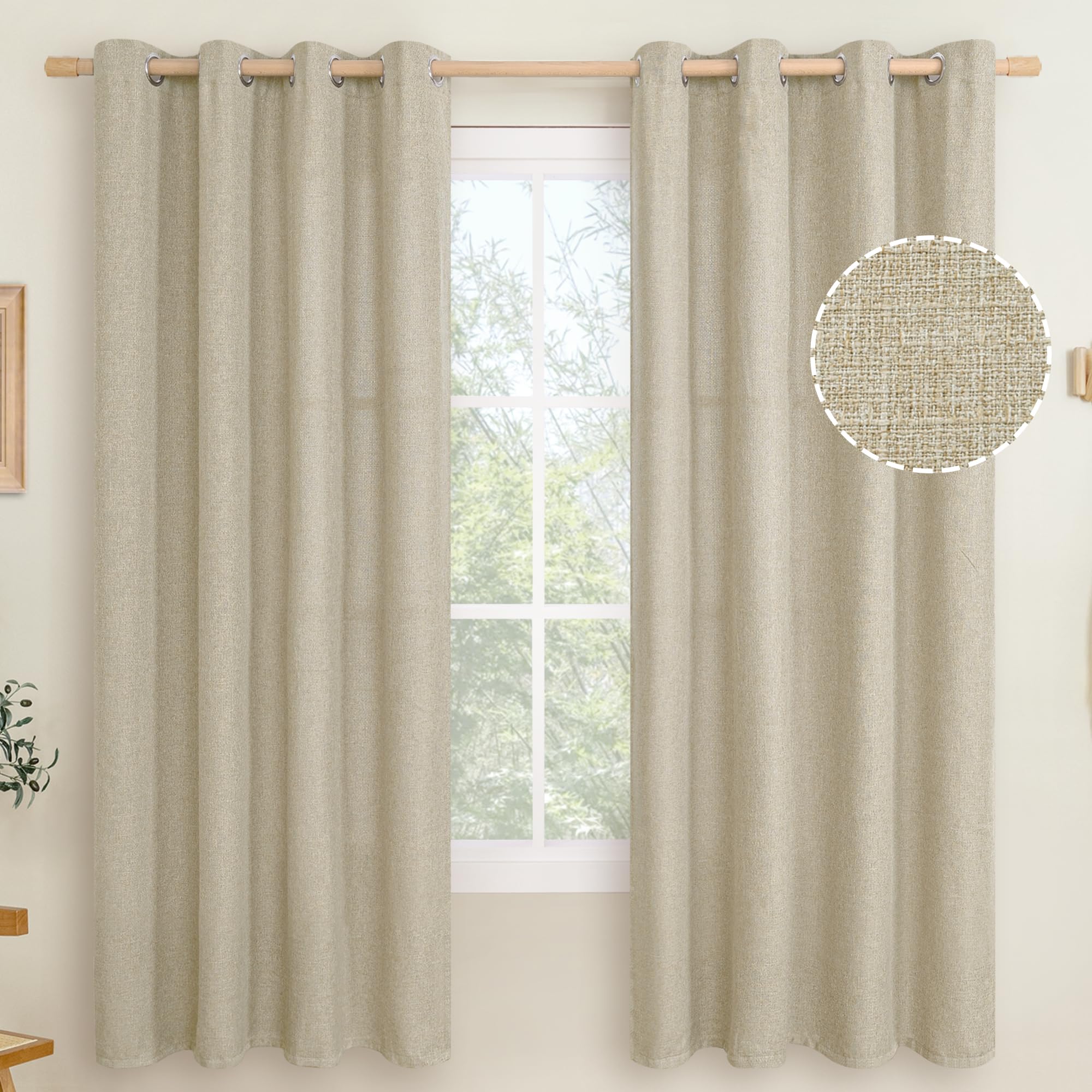 LAMIT Natural Beige Linen Curtains for Bedroom, 84 inches Grommet Thermal Insulated Thick Burlap Farmhouse Neutral Curtains Noise Reducing Light Filtering Drapes for Living Room, 2 Panels, W60 x L84