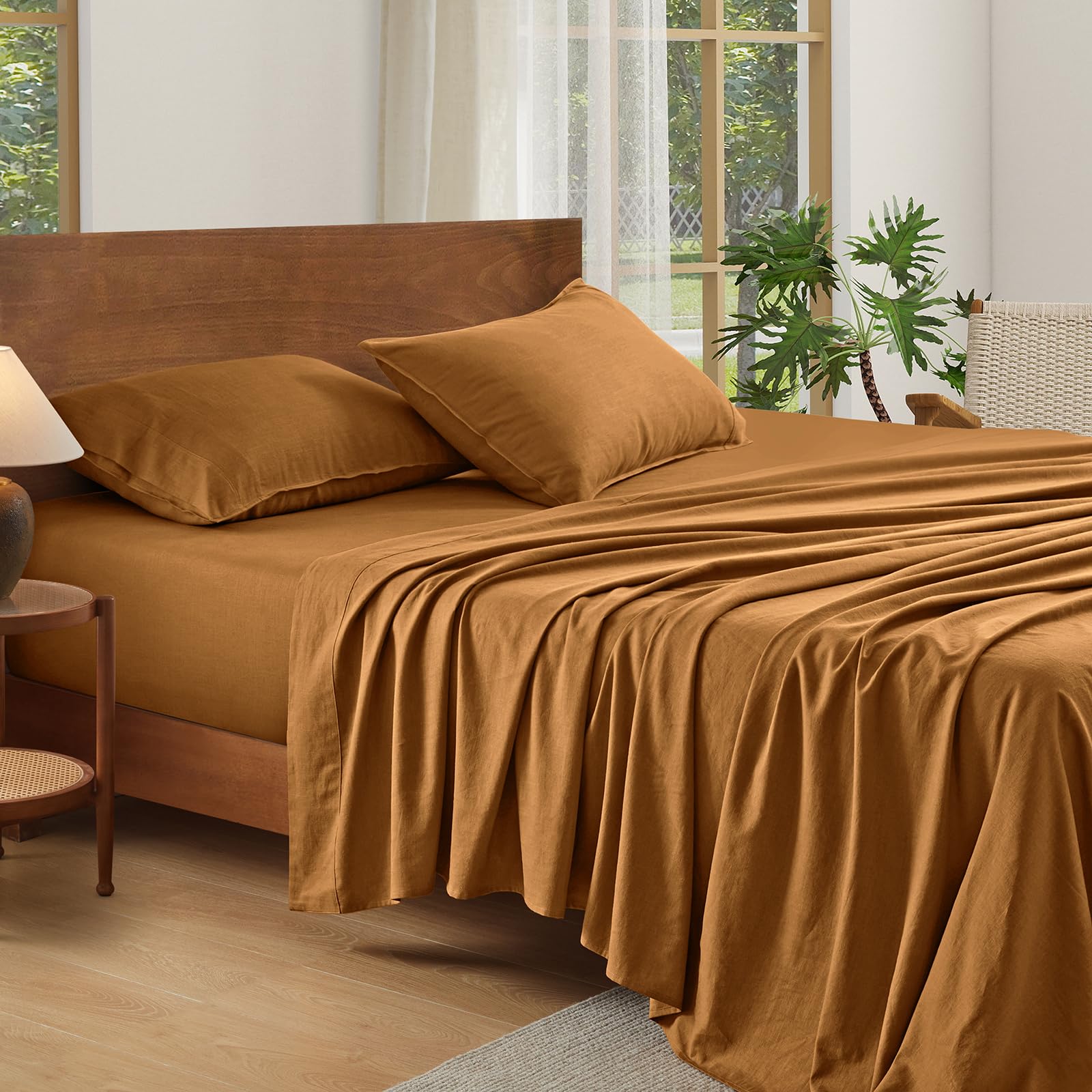 100% French Linen Sheets Natural Linen Queen Size Sheets Set, Breathable and Durable for Hot Sleepers, 4 Pcs Bed Sheets with 16 Inch Deep Pocket - 1 Flat Sheet, 1 Fitted Sheet, 2 Pillowcases