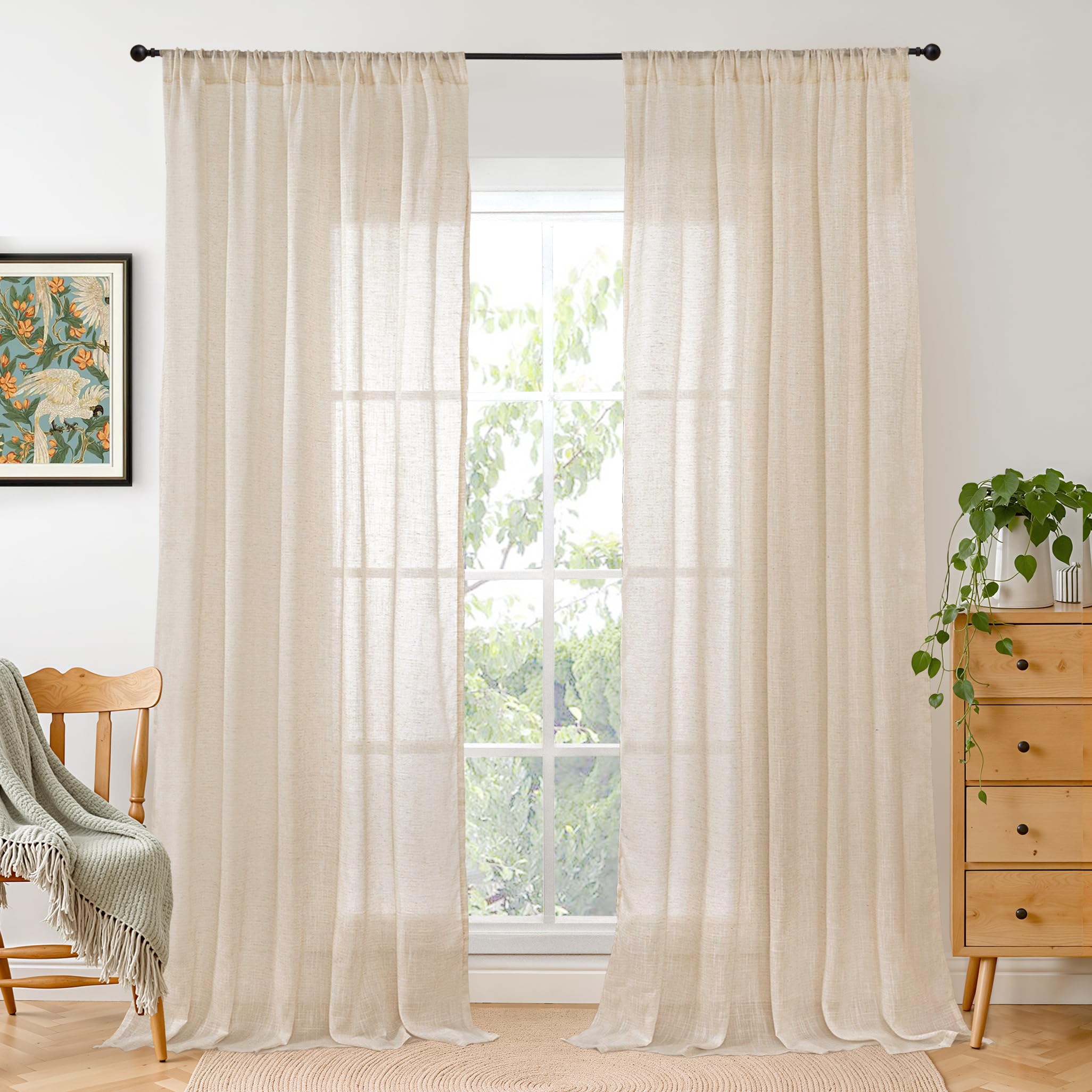 BGment 90 Inches Long Curtains Linen Semi Sheer, Light Filtering Window Treatments Drapes with Rod Pocket Lightweight for Living Room Bedroom, 2 Panels, 52 Inch Wide Each Panel