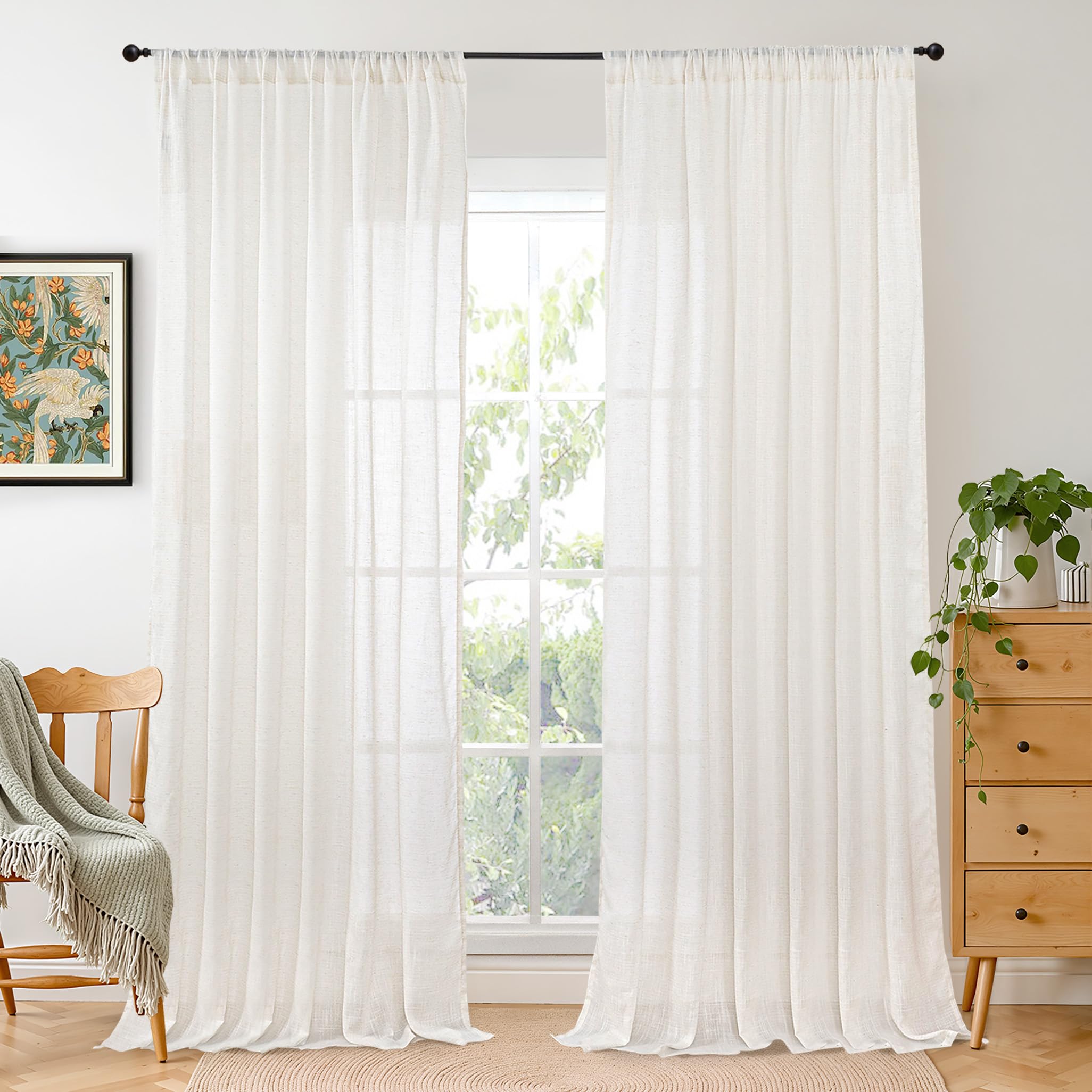 BGment 90 Inches Long Curtains Linen Semi Sheer, Light Filtering Window Treatments Drapes with Rod Pocket Lightweight for Living Room Bedroom, 2 Panels, 52 Inch Wide Each Panel