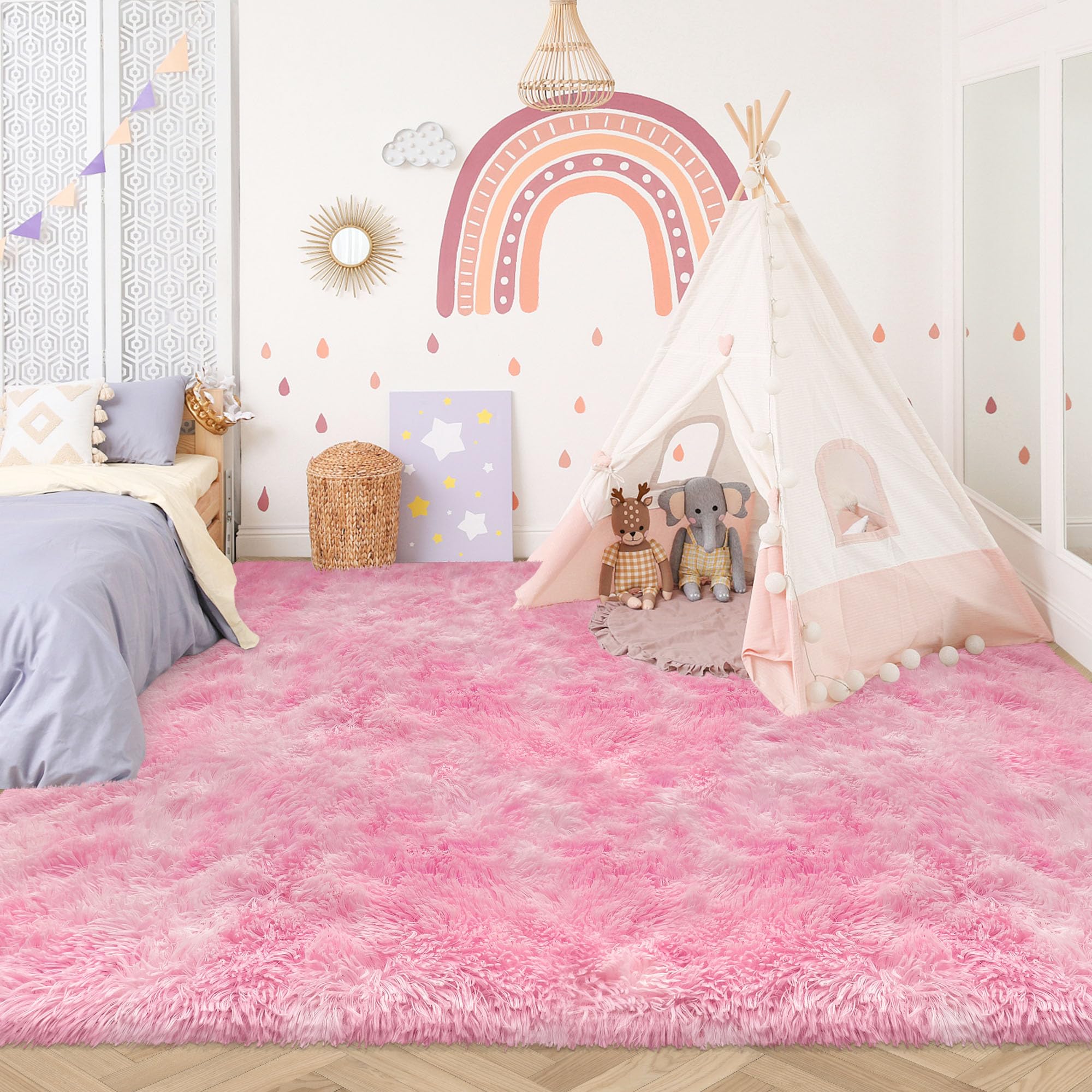 5x8 Ft Light Grey Large Area Rugs for Bedroom,Fluffy Furry Rug Floor Carpets Shaggy Playing Mat for Kids Baby Girls Room Nursery Home Decor Tie Dyed Gray Thick Rugs Fuzzy Home Decor
