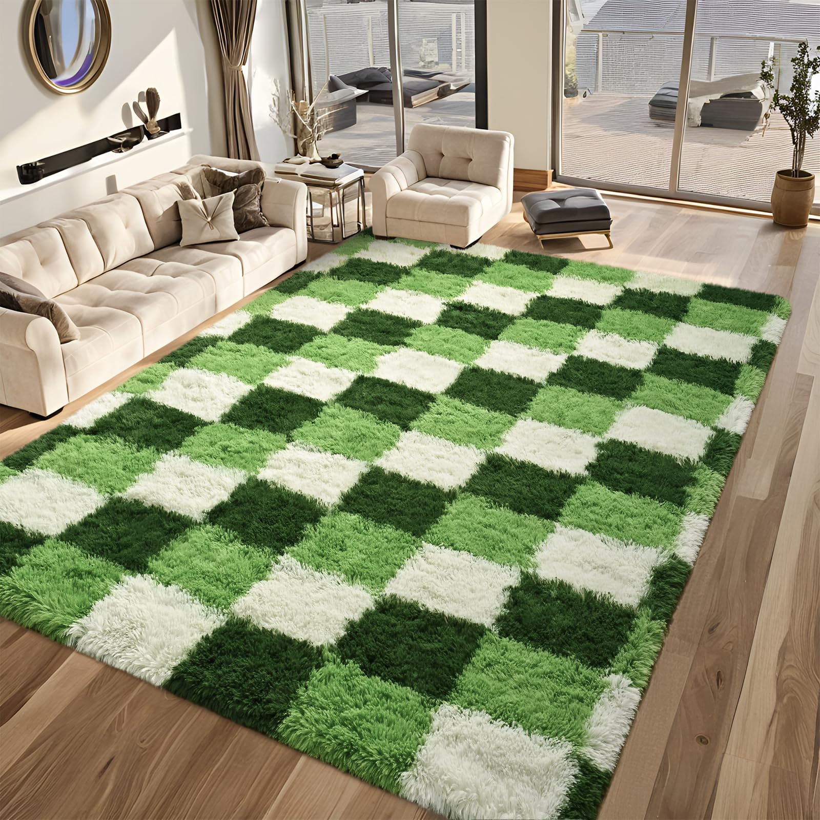 Fluffy Dark Green 6x9 Area Rugs for Living Room, Extra Large Rug for Bedroom Decor, Big Shaggy Floor Carpet, Soft Plush Thick Non-Slip Rectangle Carpets for Home Decor