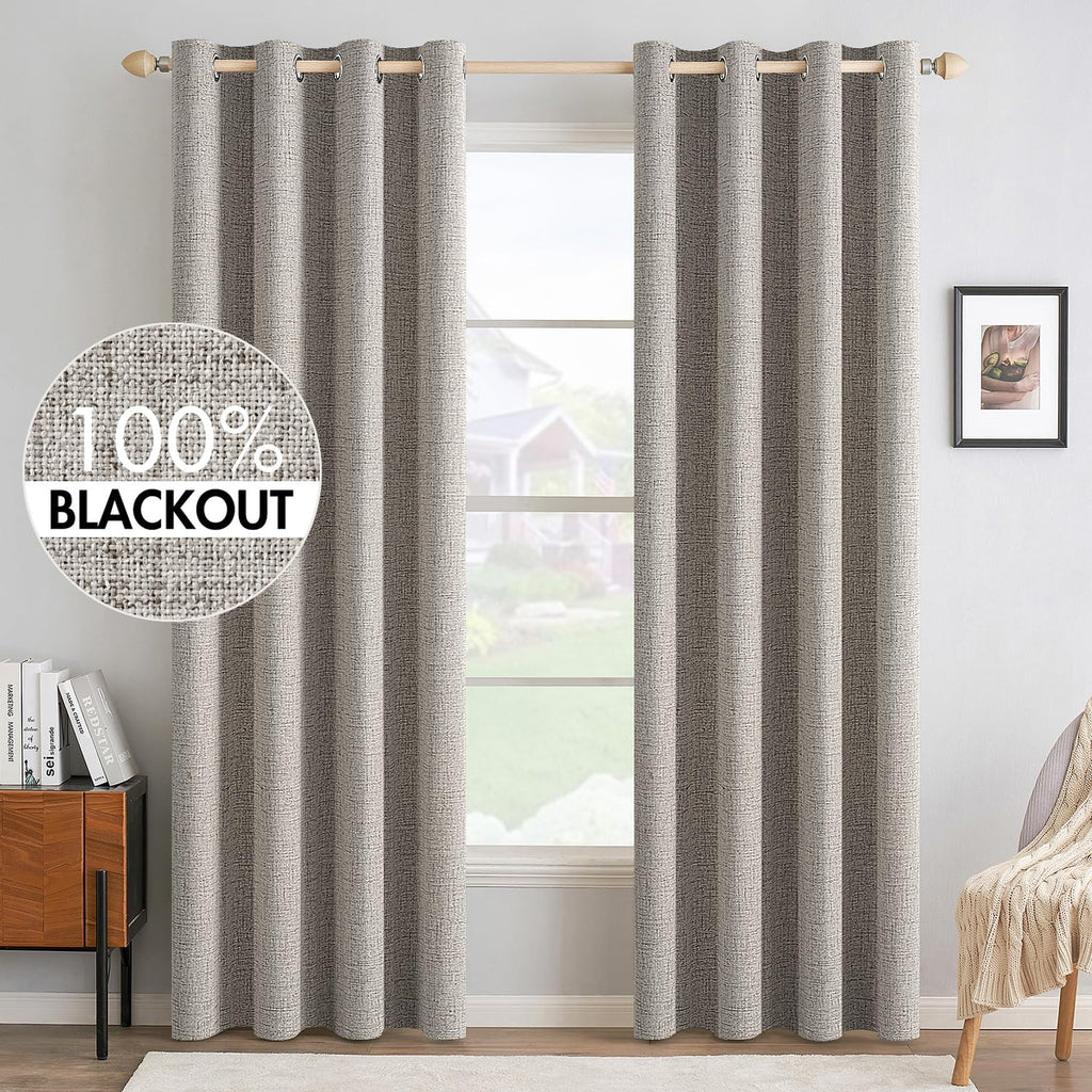MIULEE 100% Blackout Linen Curtains for Bedroom Thermal Insulated Birch Grommet Room Darkening Curtains & Drapes for Living Room Nursery 52 x 96 Inch (2 Panels)
