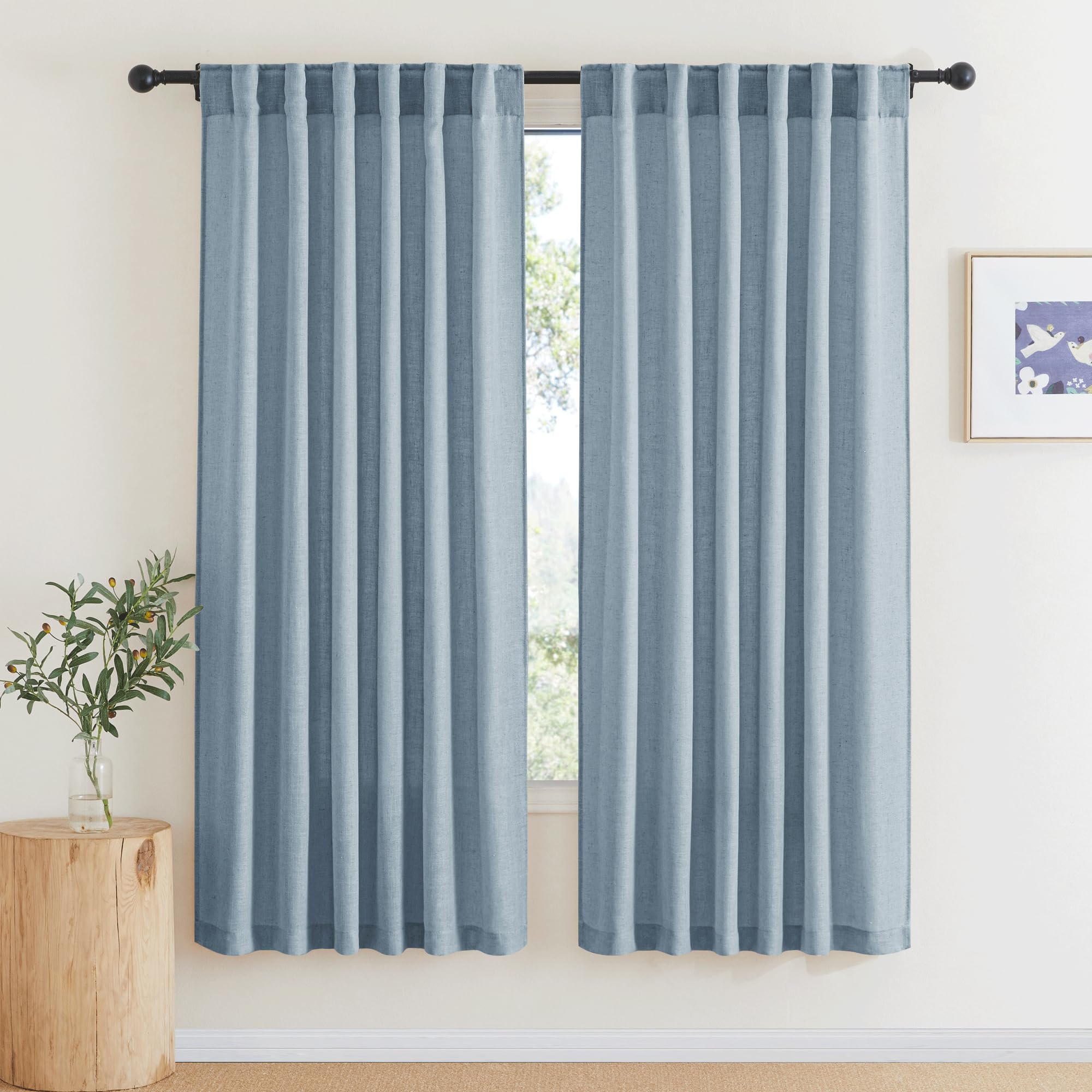 RYB HOME Farmhouse Sheer Curtains 108 inch Length, Semi Sheer Curtain & Drapes Large Window Dressing Lights & Winds Filter for Bedroom Home Office Living Room, Linen, W 70 x L 108 inch Long, 1 Pair
