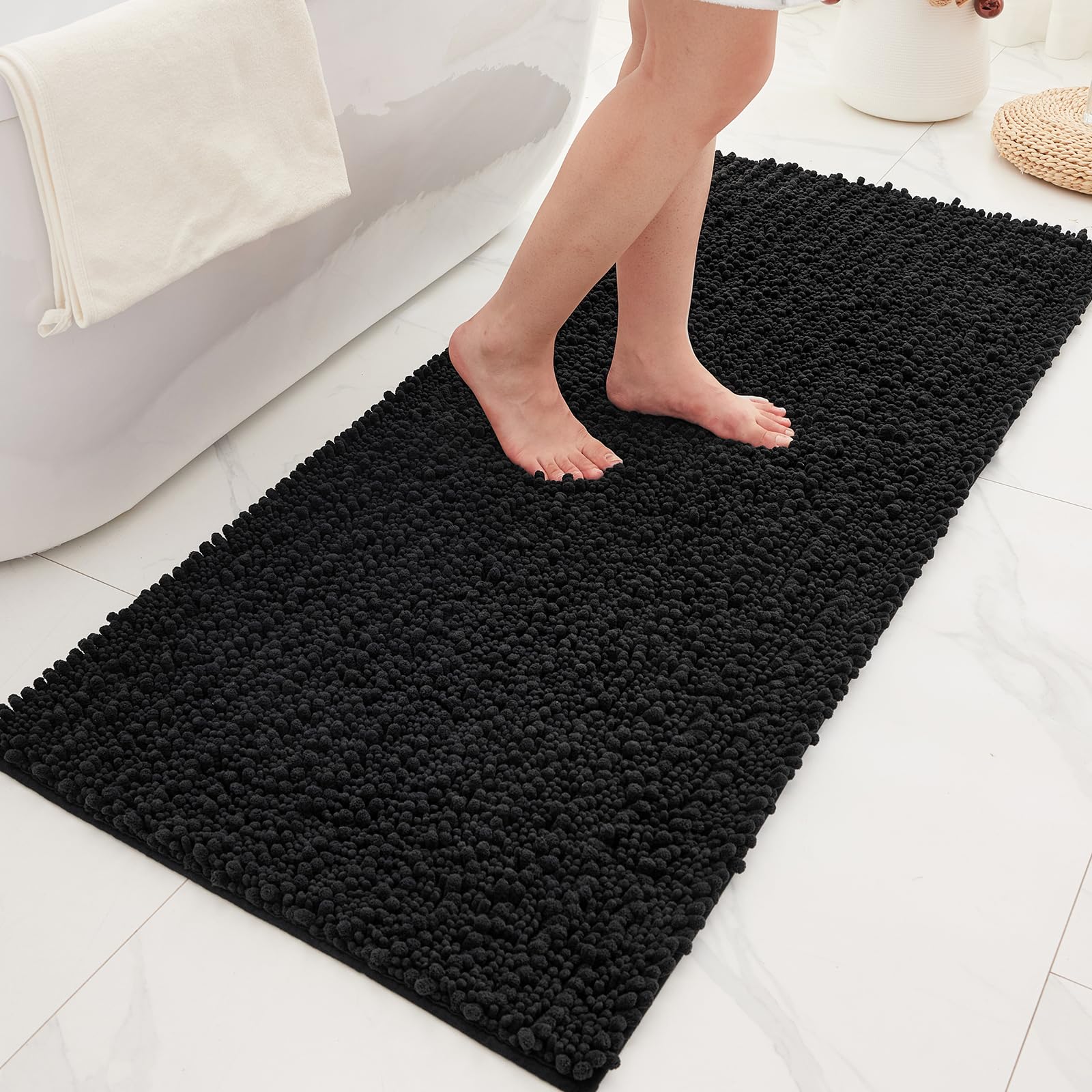 Bathroom Rugs Non Slip Washable 70x24, Extra Thick Soft Chenille Absorbent Bath Mat, High Density Barrier Non Slip Backing, Quick Dry Plush Shaggy Floor Carpet for Tub&Shower, White