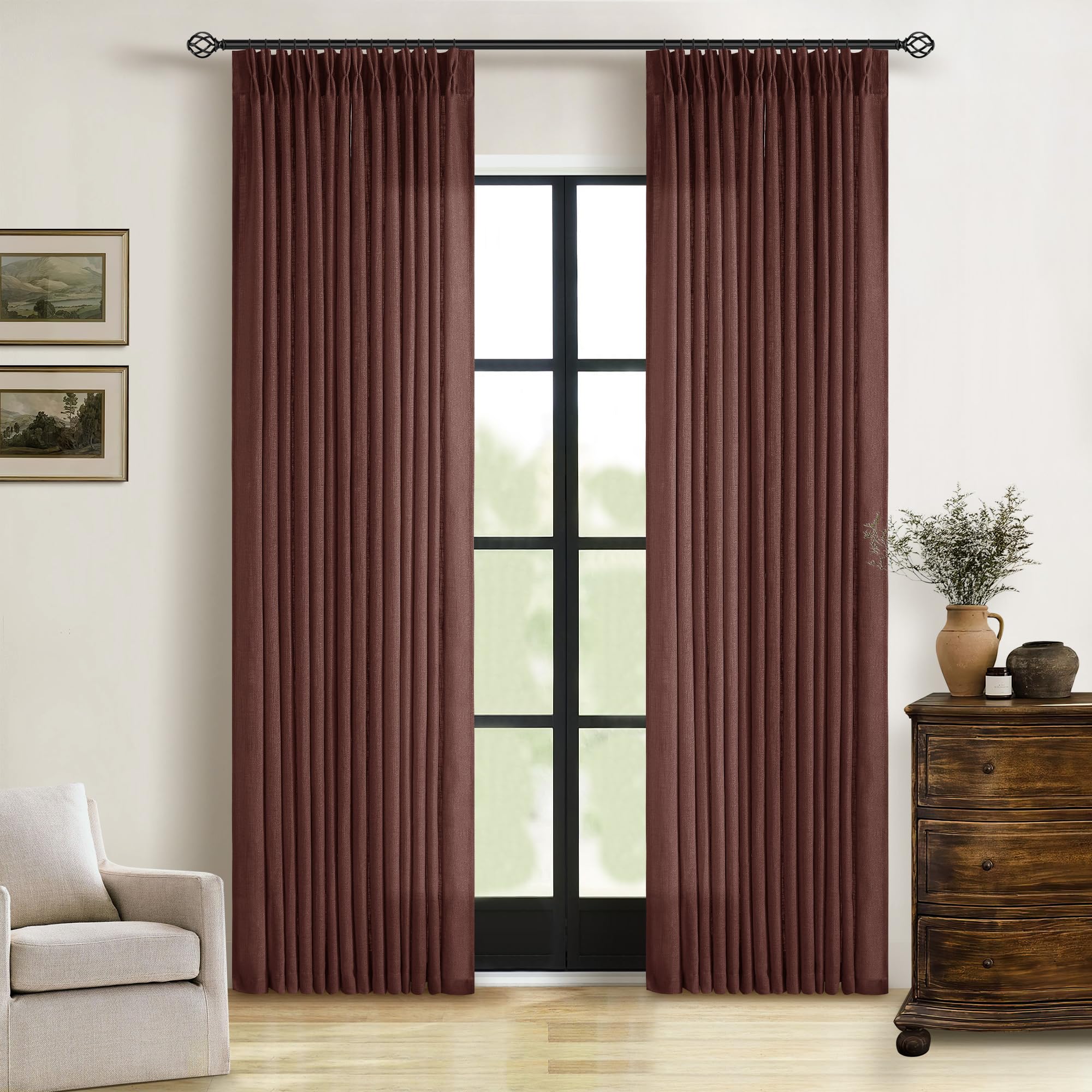 90 Inch Pinch Pleated Linen Curtains 2 Panel Set for Living Room Cream Natural Thick Linen Textured Drapes 90 Inches Long Pinch Pleat Drapes Birch Ivory Semi Sheer Curtain for Dining Bedroom Office