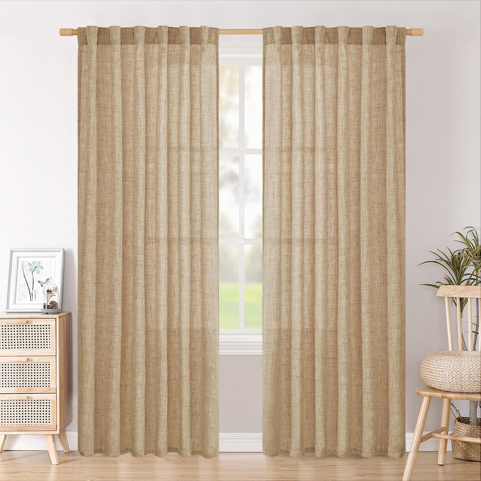 BGment Long 102 Inch Length Linen Curtains for Living Room, Natural Rod Pocket Textured Burlap Drapes Rustic Country Light Filtering for Bedroom Semi Sheer Back Tab, 2 Panel, 52 Inch Wide Each Panel