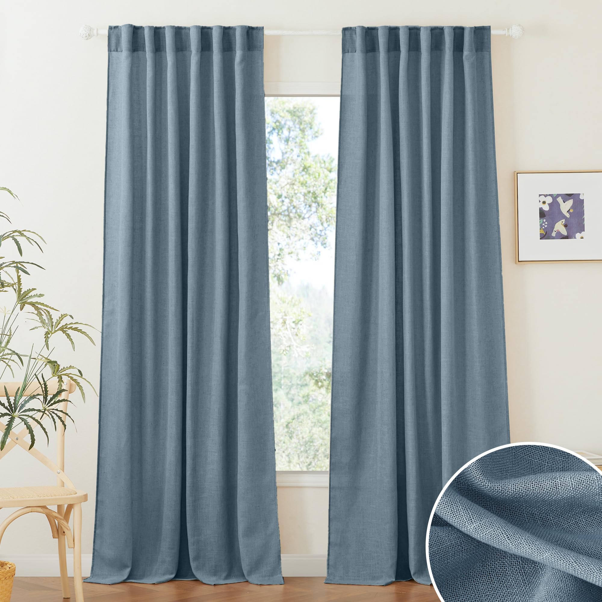 RYB HOME Farmhouse Sheer Curtains 108 inch Length, Semi Sheer Curtain & Drapes Large Window Dressing Lights & Winds Filter for Bedroom Home Office Living Room, Linen, W 70 x L 108 inch Long, 1 Pair