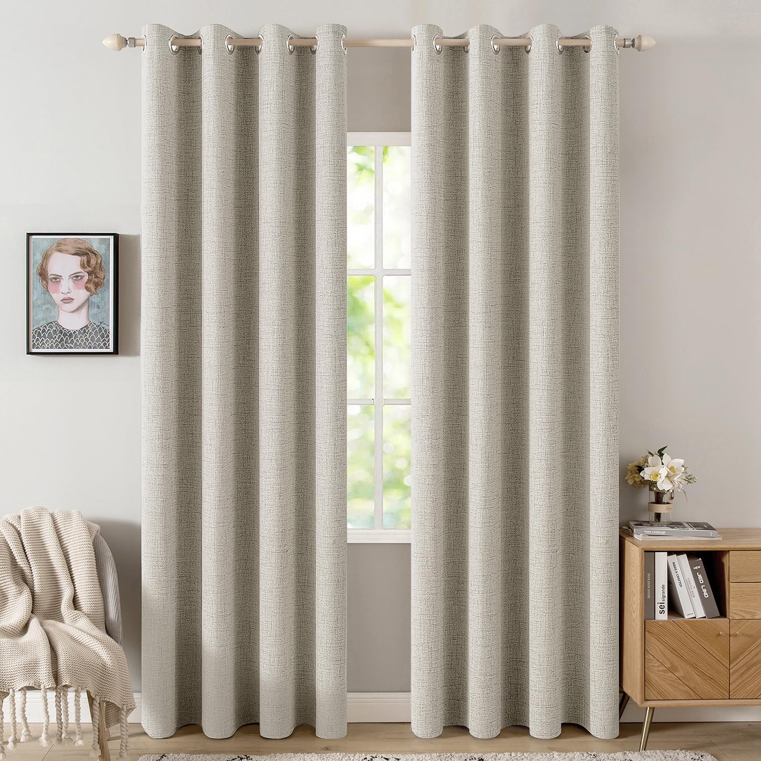 MIULEE 100% Blackout Linen Curtains for Bedroom Thermal Insulated Birch Grommet Room Darkening Curtains & Drapes for Living Room Nursery 52 x 96 Inch (2 Panels)