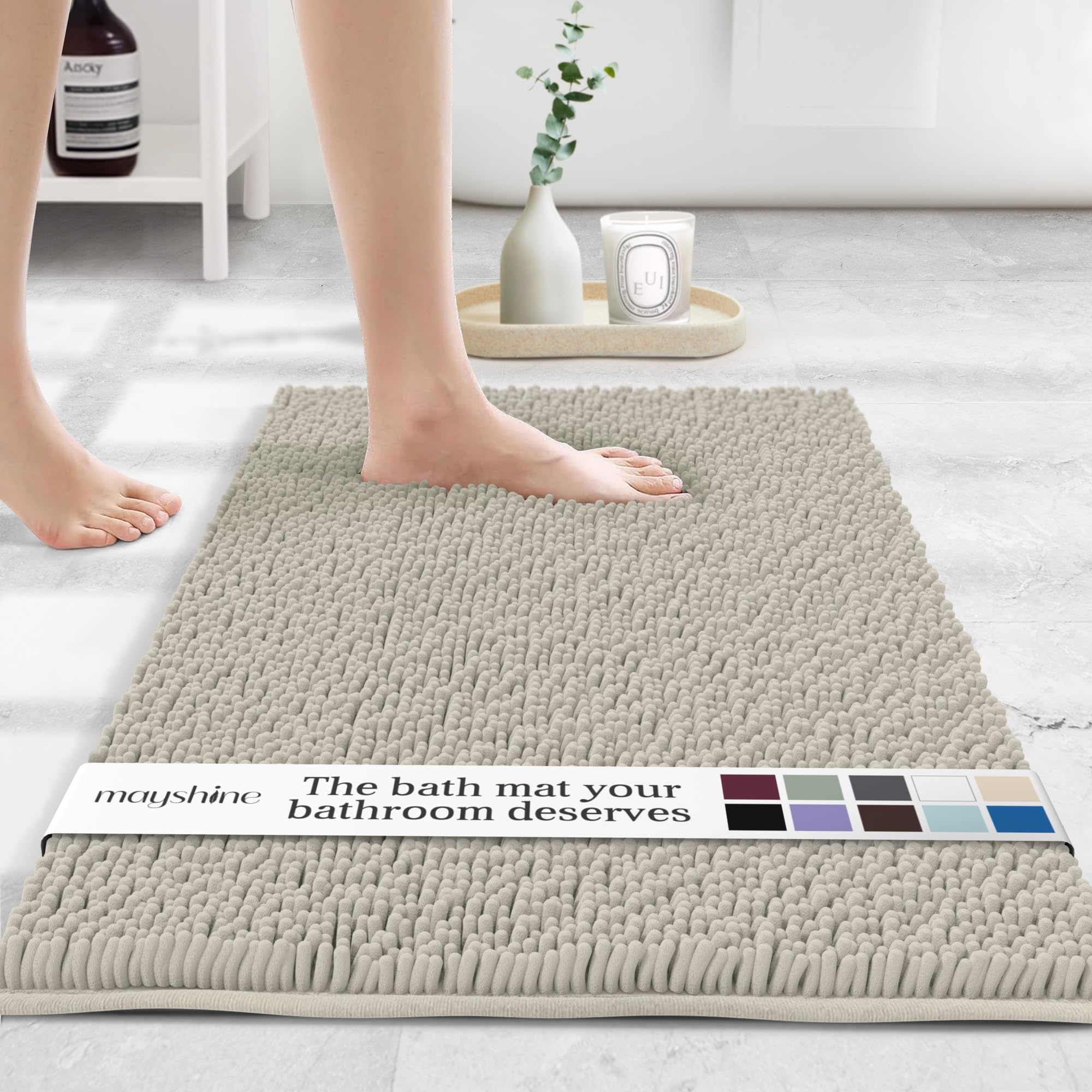 MAYSHINE Plush Shaggy Chenille Bath Mat | Extra Soft, Super Absorbent, Non-Slip Bathroom Rug | Fluffy Microfiber, Area Rug Sets for Bathroom Floor, Kitchen, Living Room | 59"x31" | Beige