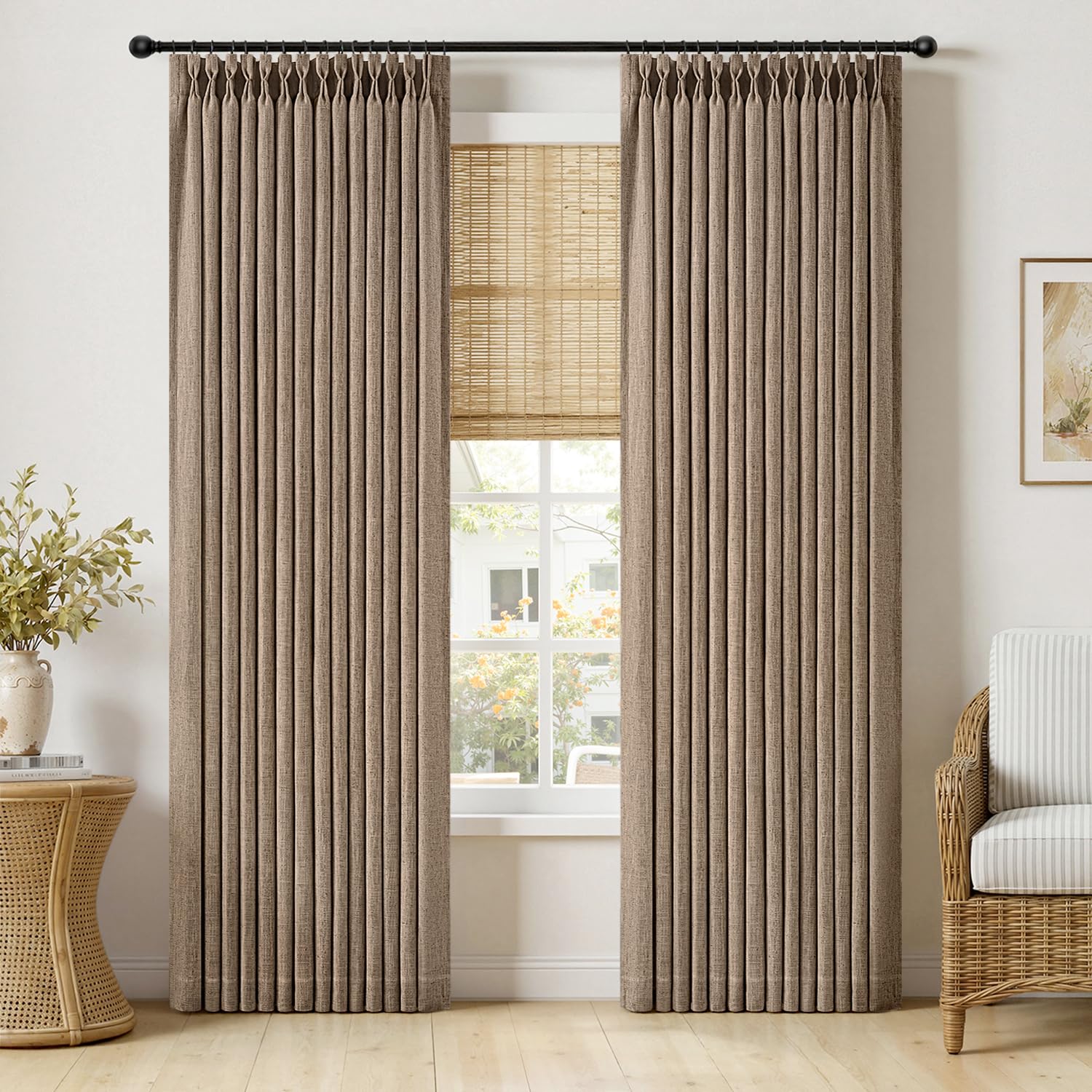 MIULEE Pinch Pleated Thick Linen Curtains 90 Inches Long 2 Panels for Living Room Bedroom, Linen Texture Memory Trained Drapes Pinch Pleat Rustic Farmhouse Window Curtains with Hooks&Rings, Taupe