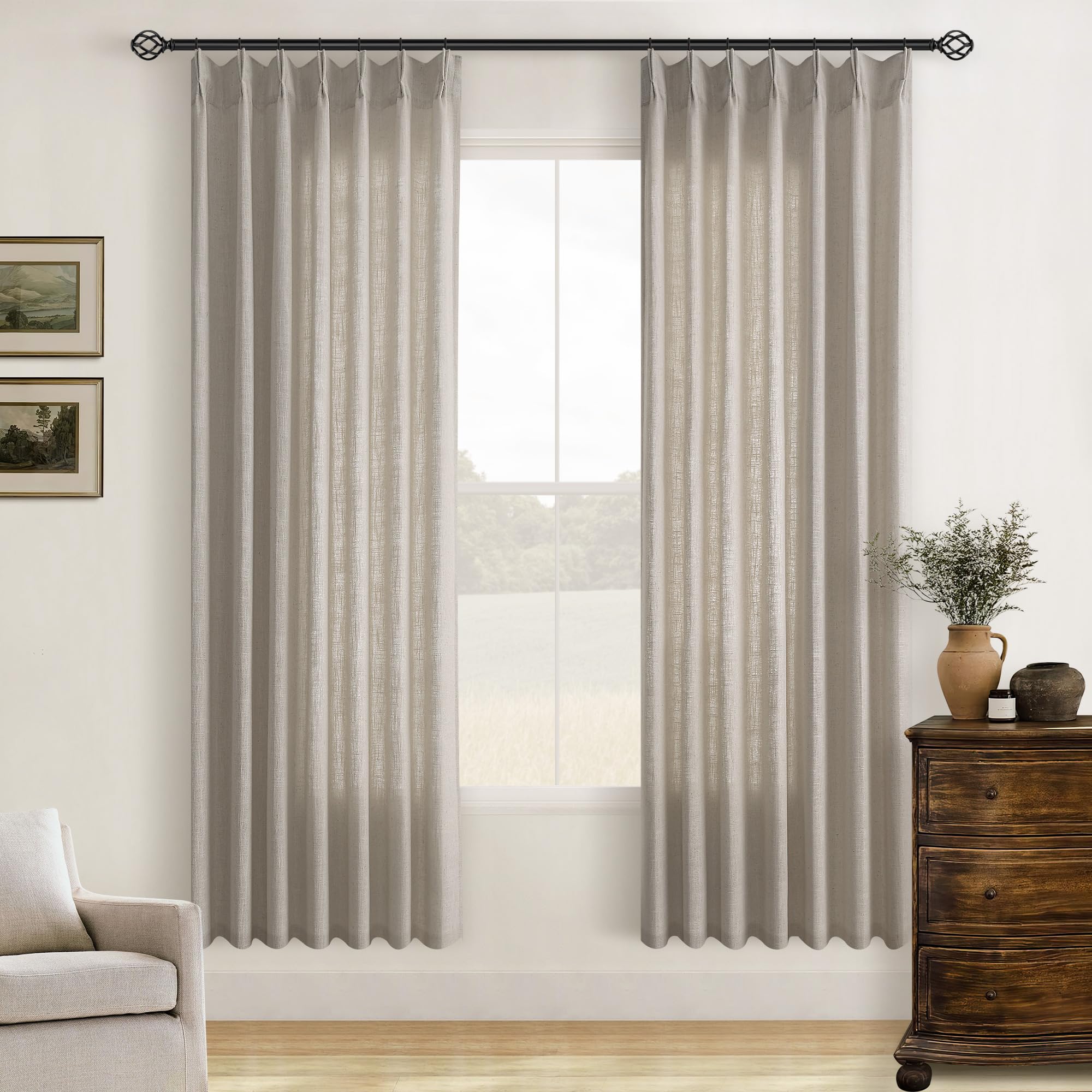 90 Inch Pinch Pleated Linen Curtains 2 Panel Set for Living Room Cream Natural Thick Linen Textured Drapes 90 Inches Long Pinch Pleat Drapes Birch Ivory Semi Sheer Curtain for Dining Bedroom Office