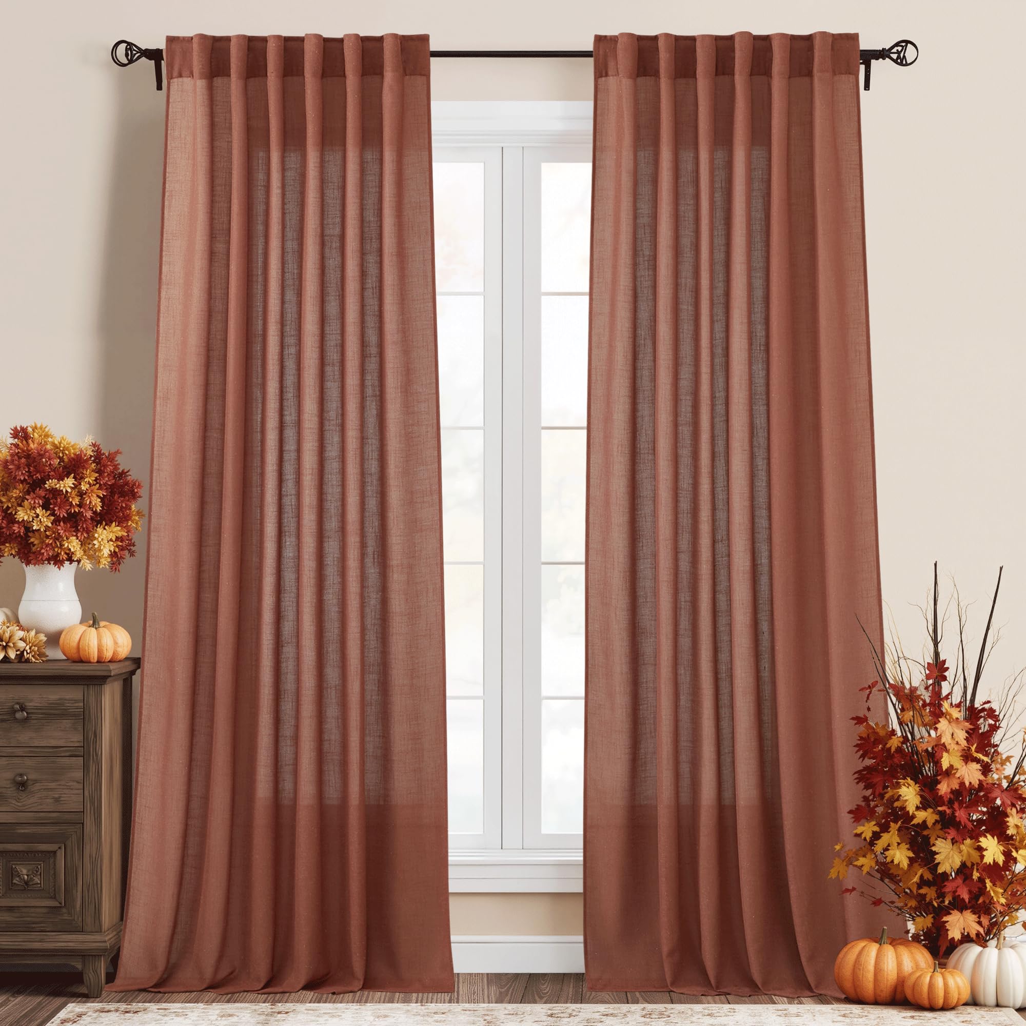RYB HOME Farmhouse Sheer Curtains 108 inch Length, Semi Sheer Curtain & Drapes Large Window Dressing Lights & Winds Filter for Bedroom Home Office Living Room, Linen, W 70 x L 108 inch Long, 1 Pair