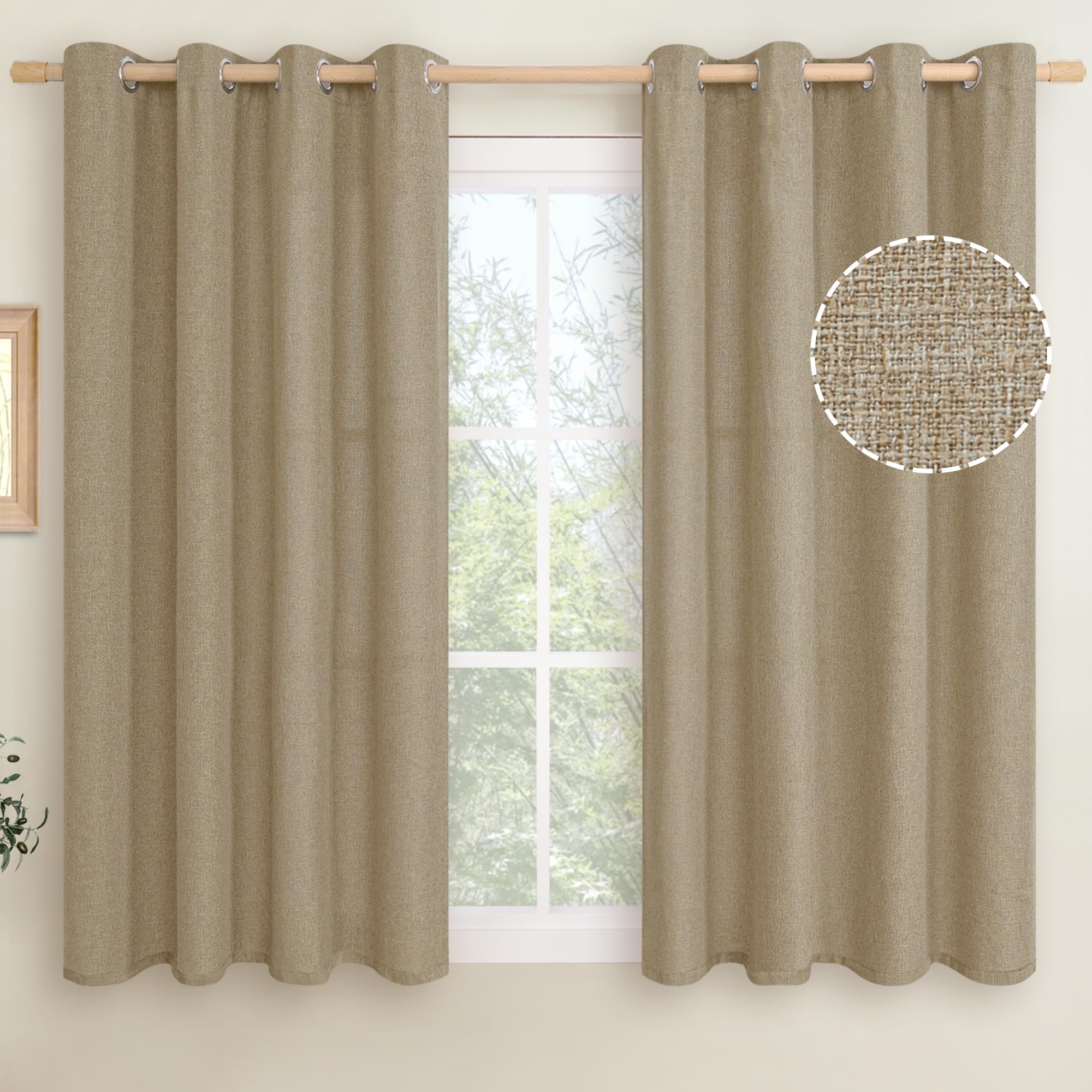LAMIT Natural Beige Linen Curtains for Bedroom, 84 inches Grommet Thermal Insulated Thick Burlap Farmhouse Neutral Curtains Noise Reducing Light Filtering Drapes for Living Room, 2 Panels, W60 x L84