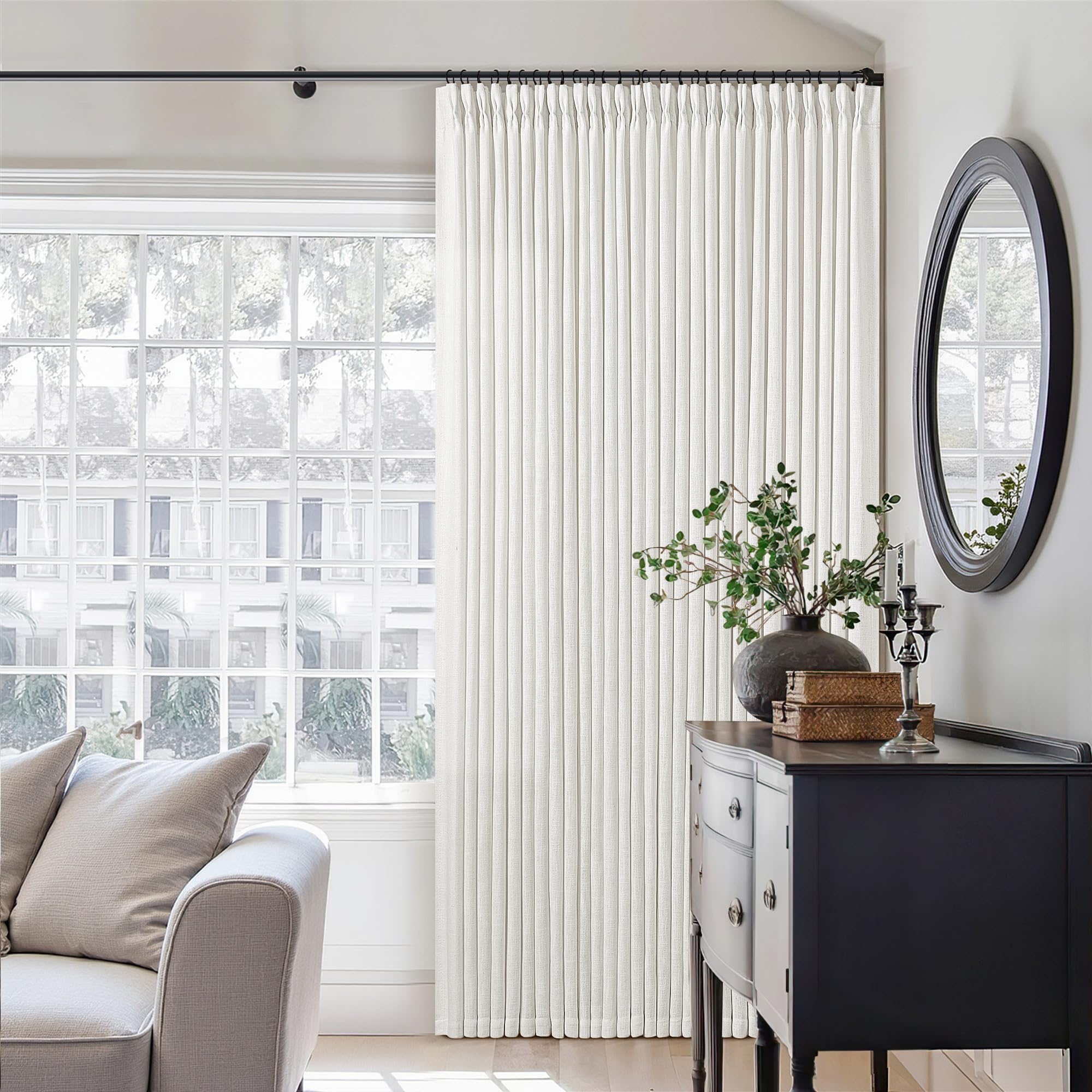 90 Inch Pinch Pleated Linen Curtains 2 Panel Set for Living Room Cream Natural Thick Linen Textured Drapes 90 Inches Long Pinch Pleat Drapes Birch Ivory Semi Sheer Curtain for Dining Bedroom Office