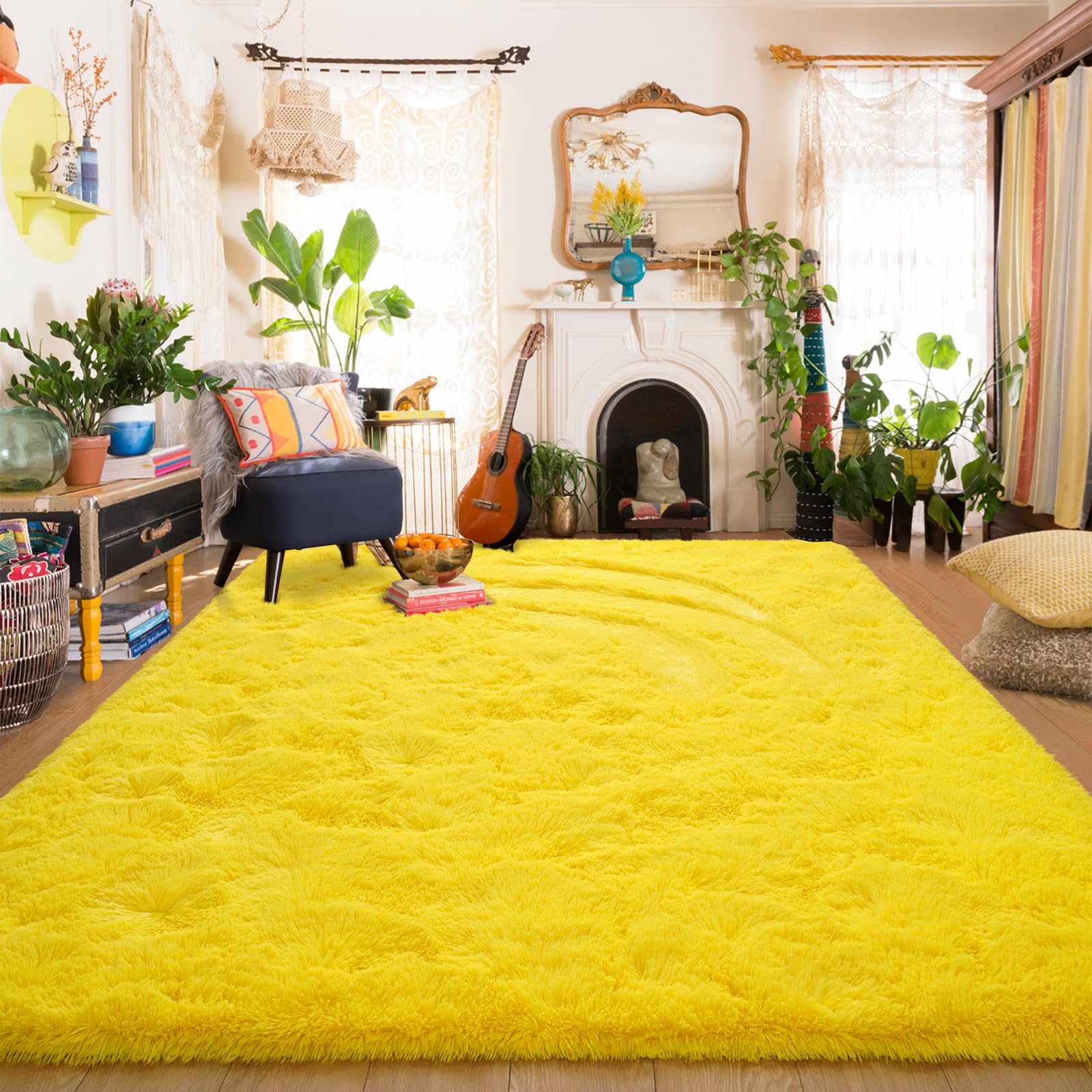 Amearea Yellow 6×9ft Soft Shag Rug, Non-slip Fluffy Carpet for Bedroom, Living Room & Nursery