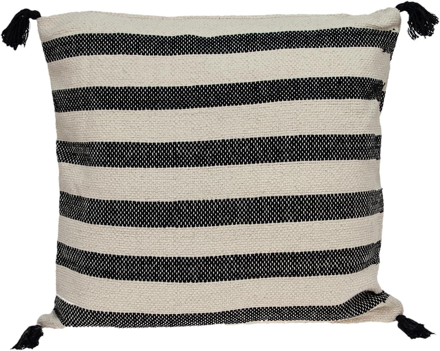 HomeRoots 24" Beige and Black Striped Cotton Throw Pillow with Tassels