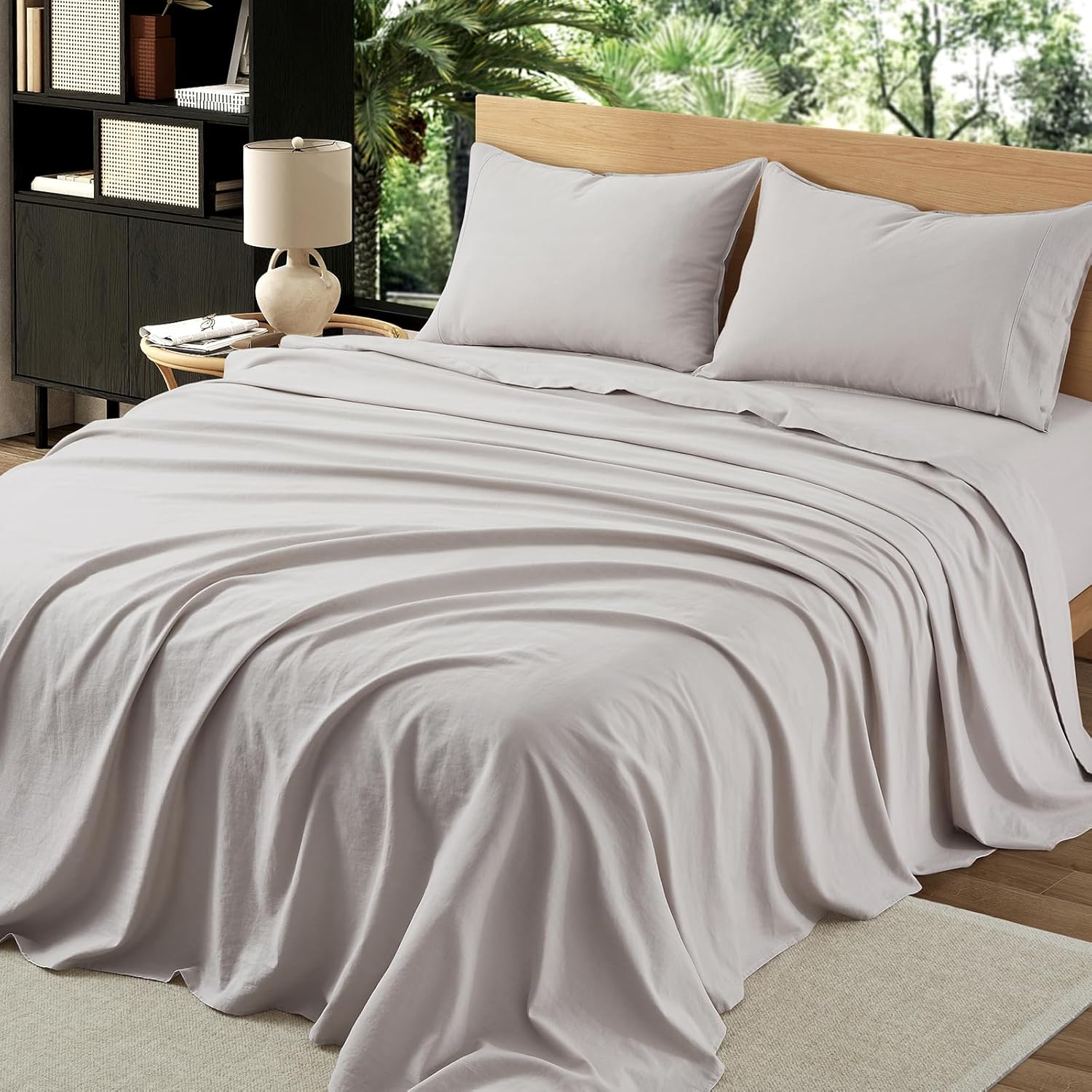4Pcs Organic Linen Sheets Queen Size, 100% French Linen from Normandy, Breathable Natural Linen Queen Sheet Set with 16 Inch Deep Pocket, 1 Flat Sheet, 1 Fitted Sheet, 2 Pillowcases