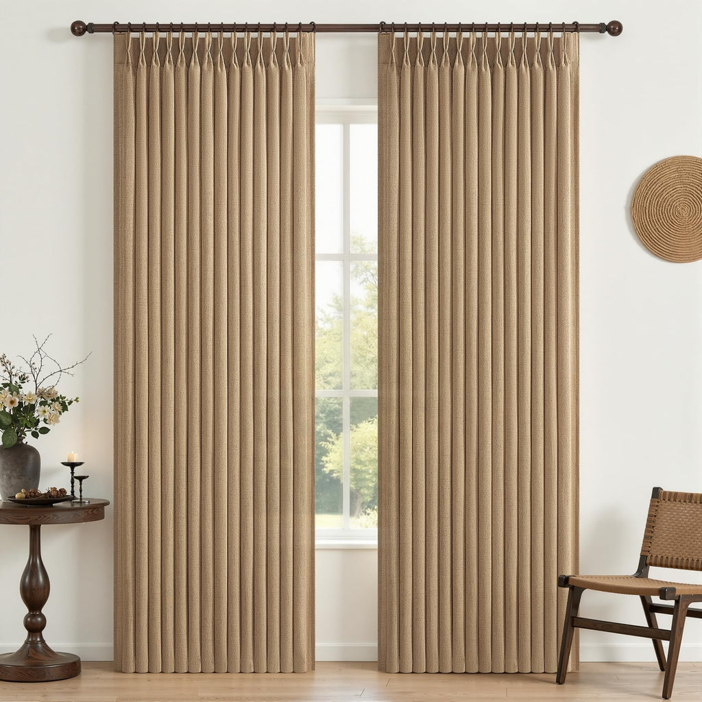 PleatedDrapes 96 Inch Curtains 2 Panel Set, Modern Linen Pleat Back Tab Dining Room Window Curtains Light Filtering Aesthetic Semi Sheer Living Room Drapes with Hooks Ring Cream Oatmeal W40 x L96