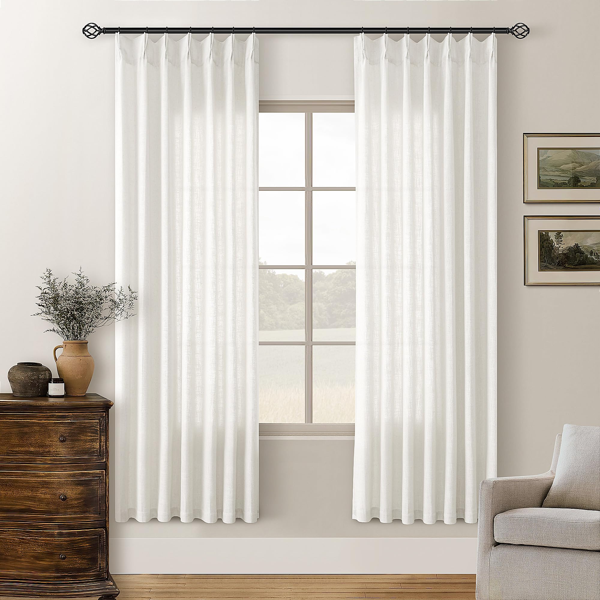90 Inch Pinch Pleated Linen Curtains 2 Panel Set for Living Room Cream Natural Thick Linen Textured Drapes 90 Inches Long Pinch Pleat Drapes Birch Ivory Semi Sheer Curtain for Dining Bedroom Office