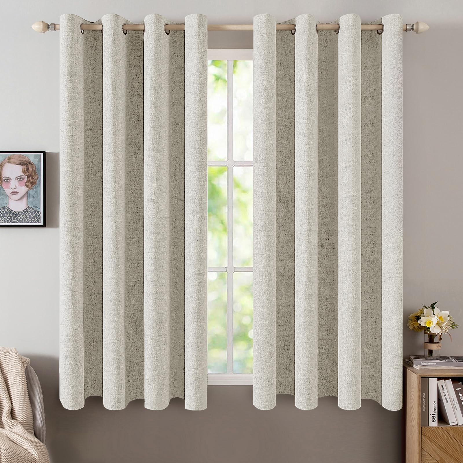 MIULEE 100% Blackout Linen Curtains for Bedroom Thermal Insulated Birch Grommet Room Darkening Curtains & Drapes for Living Room Nursery 52 x 96 Inch (2 Panels)