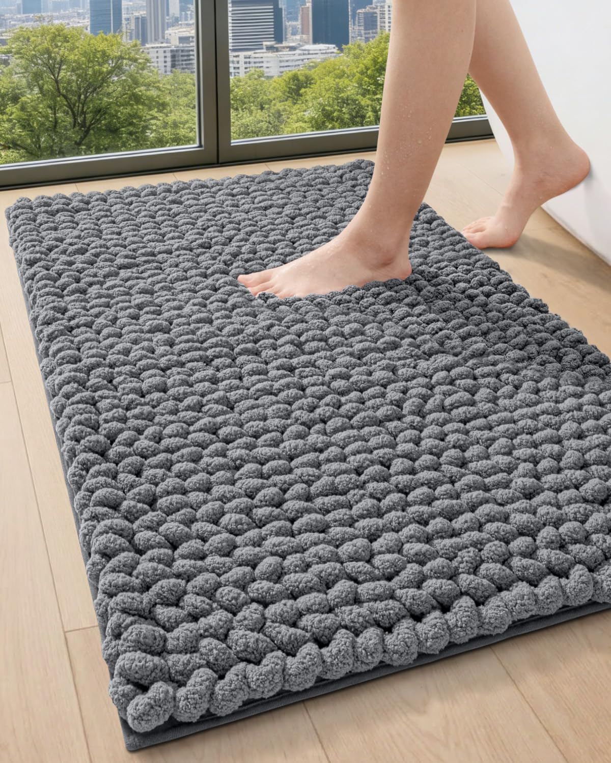 DEXI Bathroom Rugs 24x43, Non Slip Washable Bath Mat, Luxury Chenille Super Absorbent Ultra Thick Bathmats for Shower Floor, Plush Fluffy Shaggy Carpet for Tub, Beige