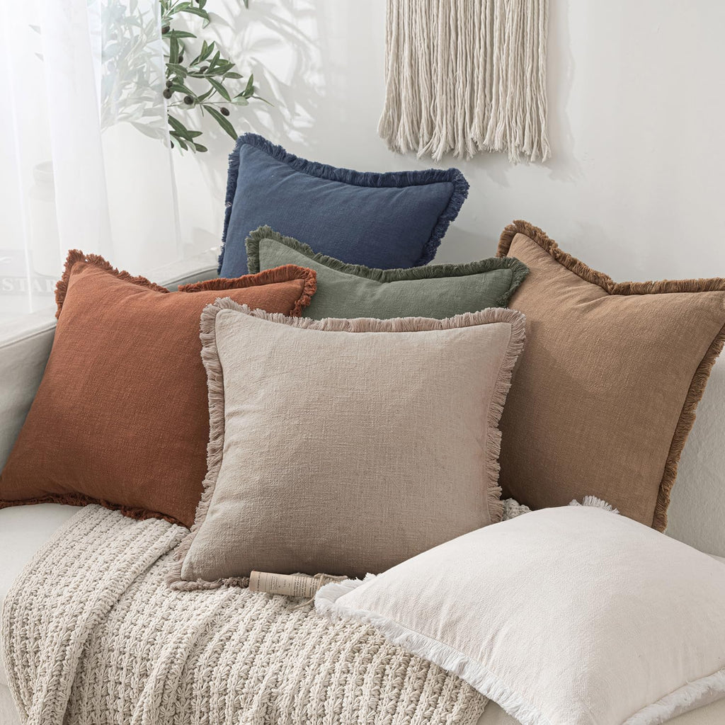 MIULEE Decorative Throw Pillow Covers Neutral Linen Fringe Throw Pillows Set of 2 Natural Linen Boho Farmhouse Cushion Covers with Tassels for Couch Sofa Bed Spring Home Decor 28x28 Inch