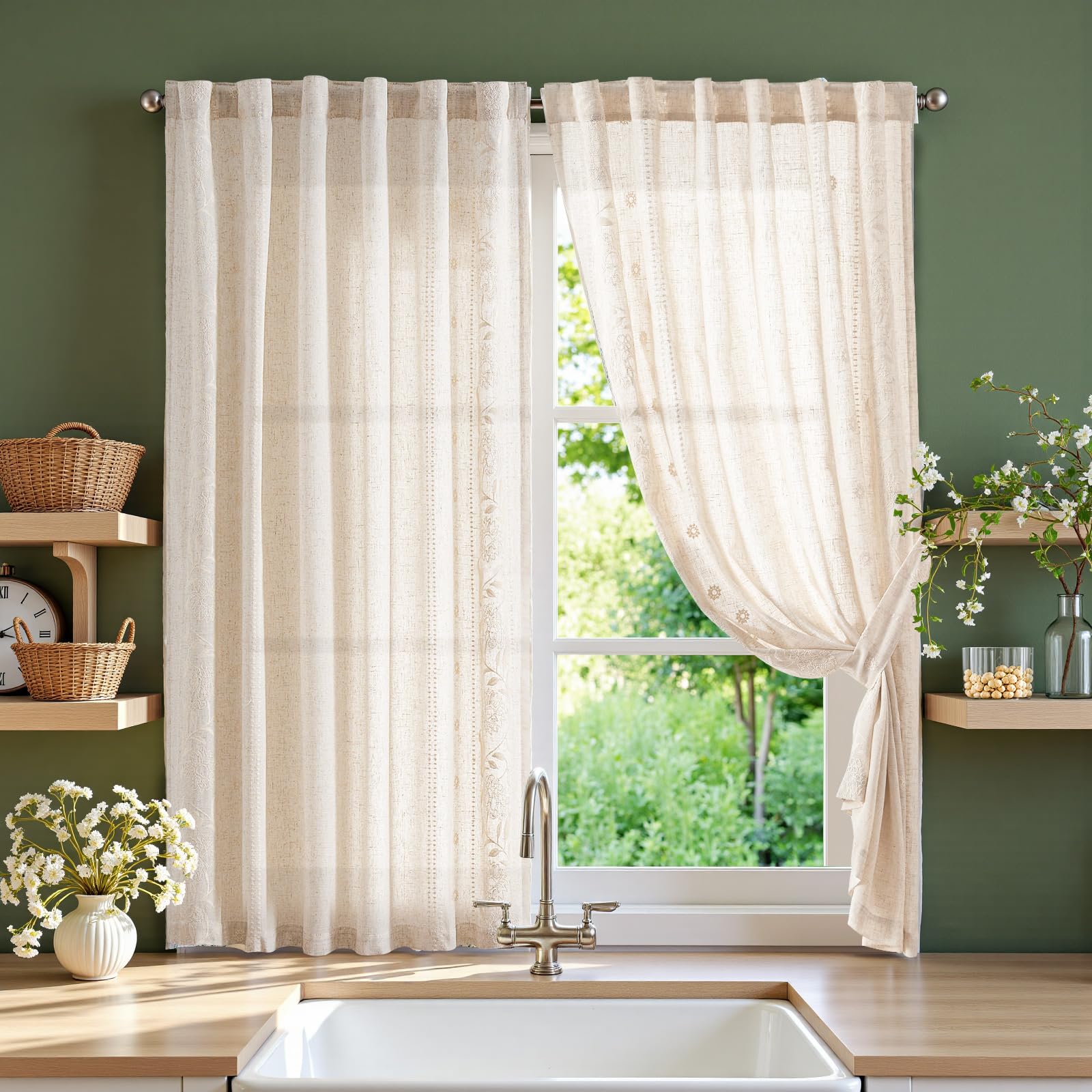 jinchan Winslow Linen Curtains for Bedroom 84 Inches Length Embroidered Bordered Floral Curtains for Living Room Farmhouse Decor Light Filtering Window Treatments Sage on Beige Drapes 2 Panels