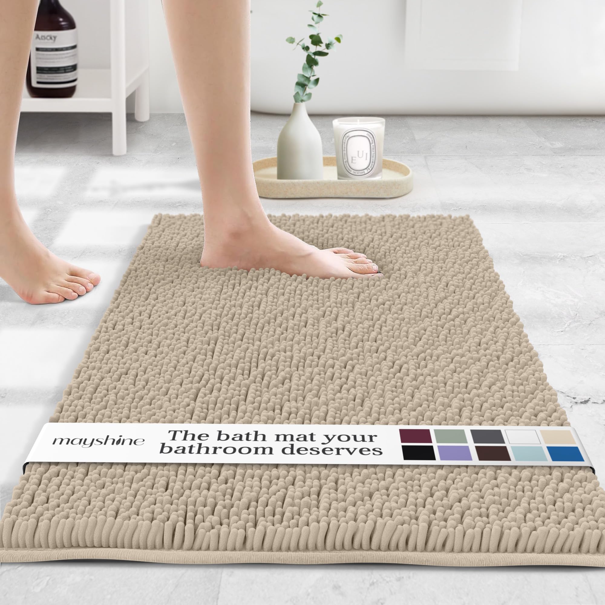 MAYSHINE Plush Shaggy Chenille Bath Mat | Extra Soft, Super Absorbent, Non-Slip Bathroom Rug | Fluffy Microfiber, Area Rug Sets for Bathroom Floor, Kitchen, Living Room | 59"x31" | Beige