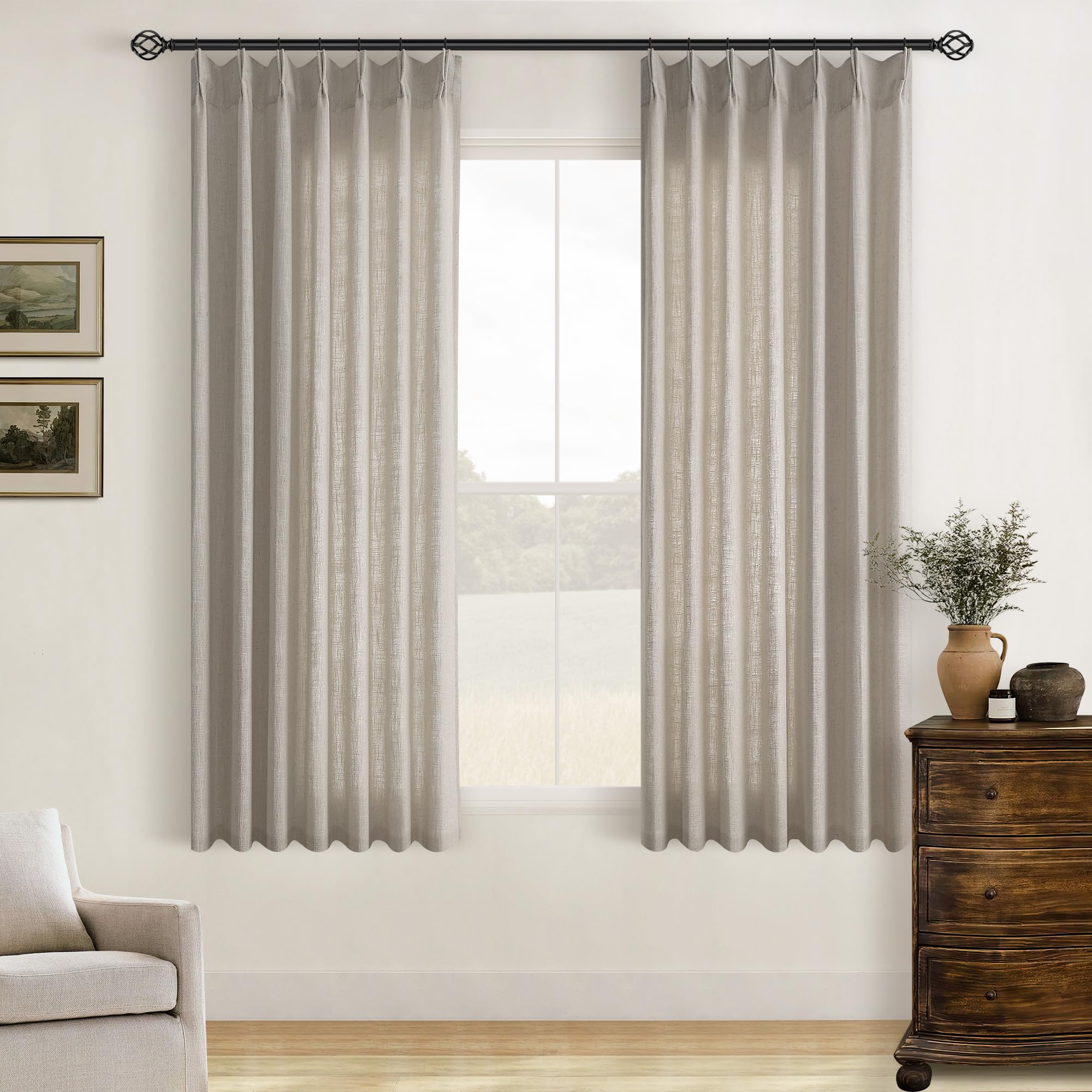 90 Inch Pinch Pleated Linen Curtains 2 Panel Set for Living Room Cream Natural Thick Linen Textured Drapes 90 Inches Long Pinch Pleat Drapes Birch Ivory Semi Sheer Curtain for Dining Bedroom Office