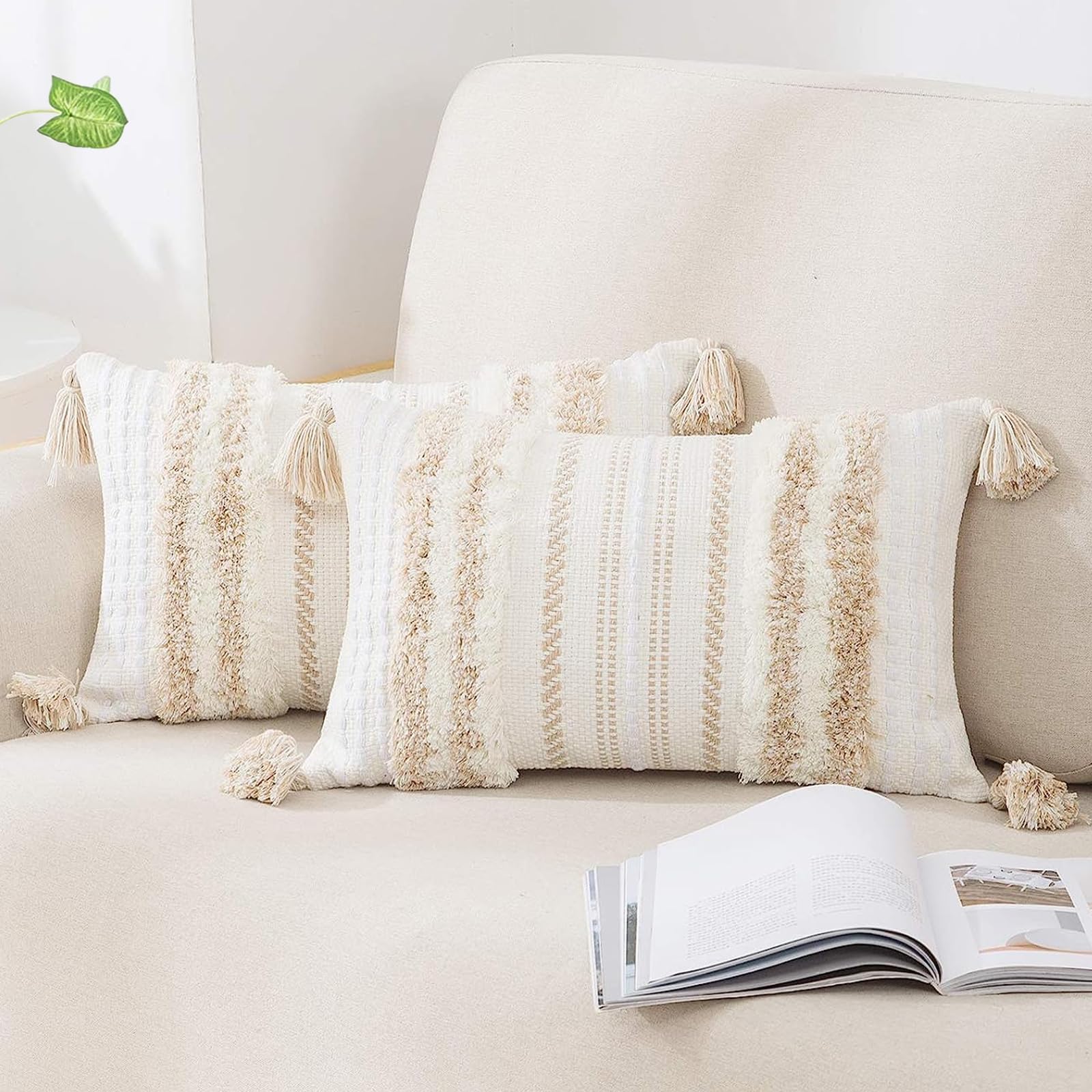 decorUhome Summer Decorative Boho Throw Pillow Covers 20x20 Set of 2, Accent Neutral Textured Tufted Pillow Covers Striped for Couch Bed Sofa Living Room, Light Grey and Cream White