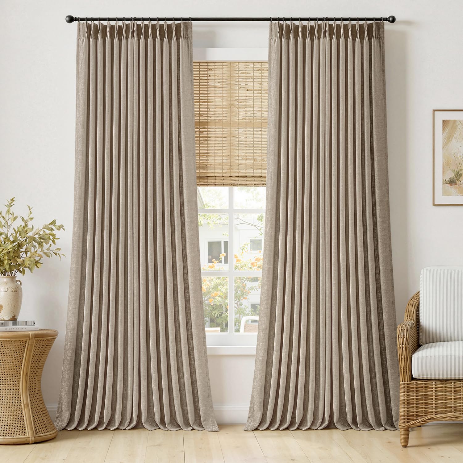 MIULEE Pinch Pleated Thick Linen Curtains 90 Inches Long 2 Panels for Living Room Bedroom, Linen Texture Memory Trained Drapes Pinch Pleat Rustic Farmhouse Window Curtains with Hooks&Rings, Taupe