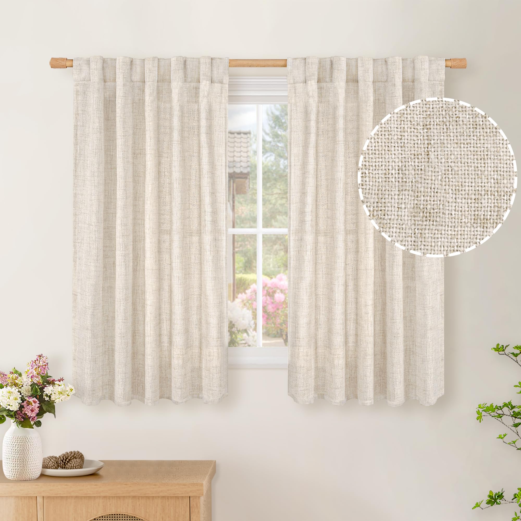 BGment Long 102 Inch Length Linen Curtains for Living Room, Natural Rod Pocket Textured Burlap Drapes Rustic Country Light Filtering for Bedroom Semi Sheer Back Tab, 2 Panel, 52 Inch Wide Each Panel