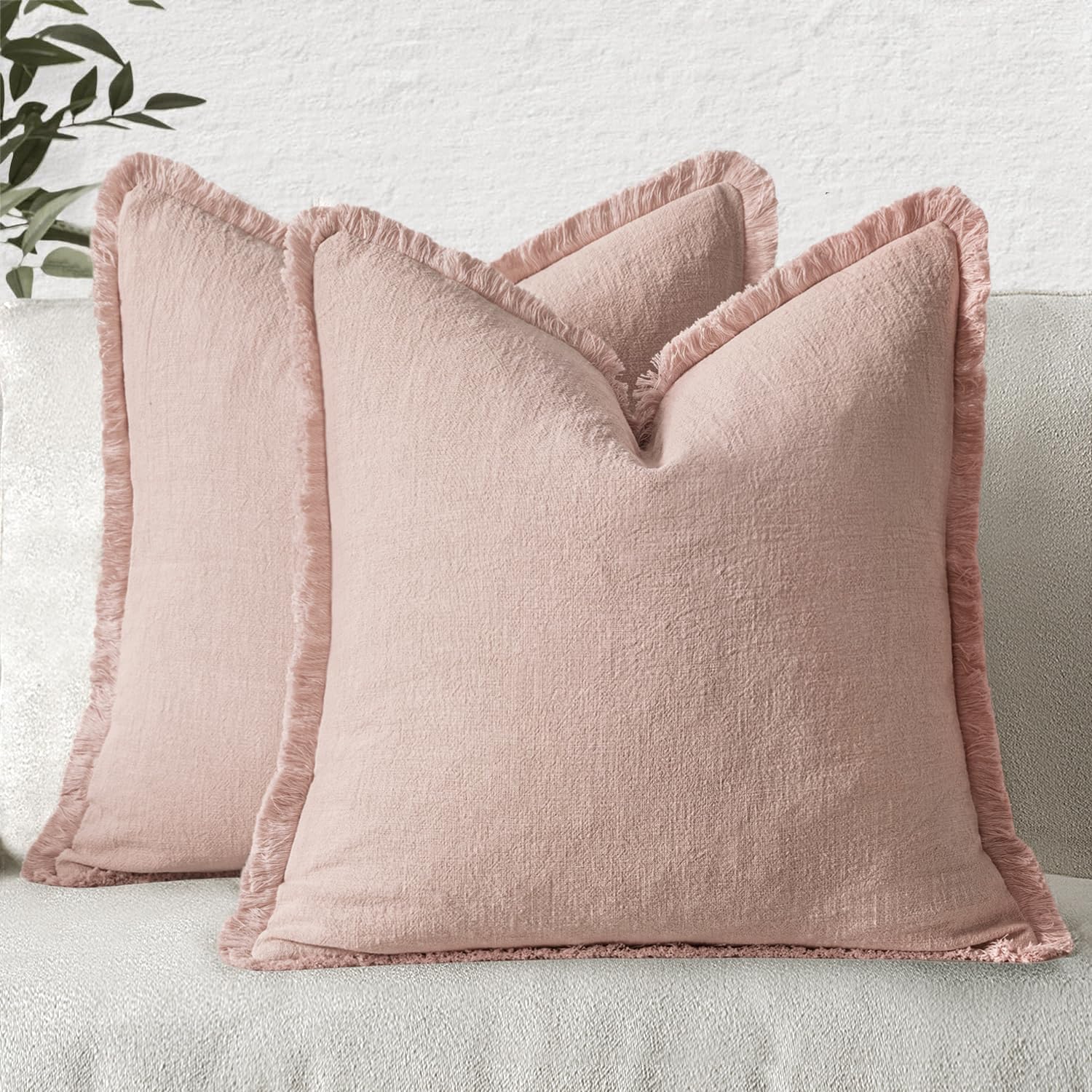 MIULEE Decorative Throw Pillow Covers Neutral Linen Fringe Throw Pillows Euro Shams Set of 2 Brown Boho Farmhouse Cushion Covers for Couch Sofa Bed Living Room Spring Home Decor 26x26 Inch