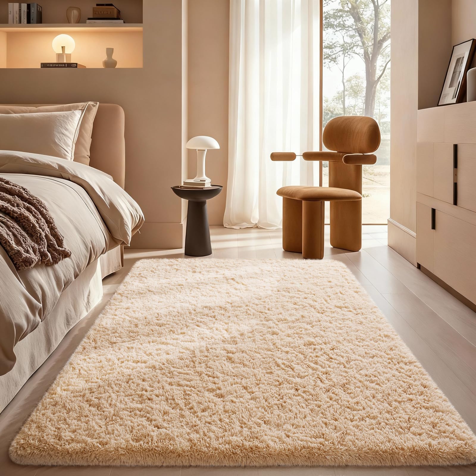 Ophanie Beige Rugs for Living Room Bedroom, 5x8 Fluffy Fuzzy Furry Carpet, Plush Soft Shaggy Bedside Indoor Floor Area Rug for Kids Girls Boys Baby Teen Dorm Nursery Home Decor Aesthetic