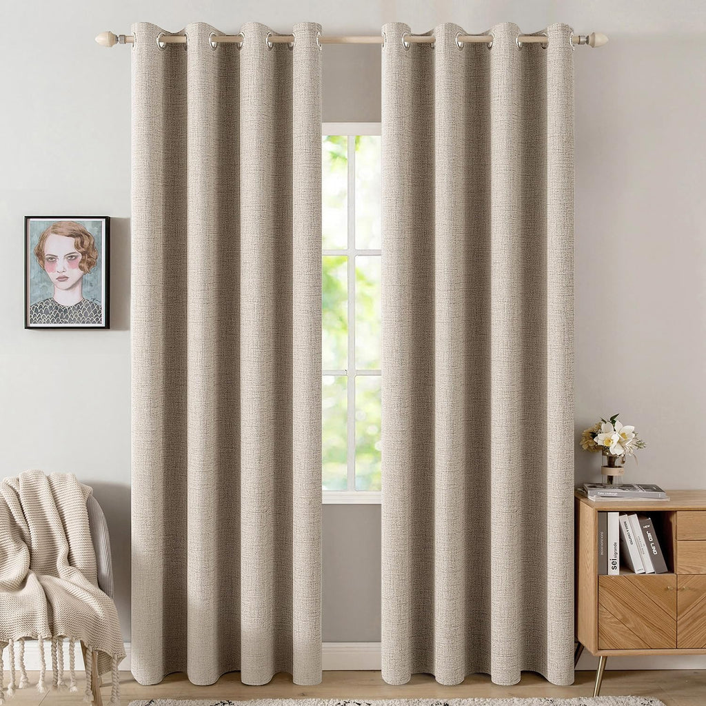 MIULEE 100% Blackout Linen Curtains for Bedroom Thermal Insulated Birch Grommet Room Darkening Curtains & Drapes for Living Room Nursery 52 x 96 Inch (2 Panels)