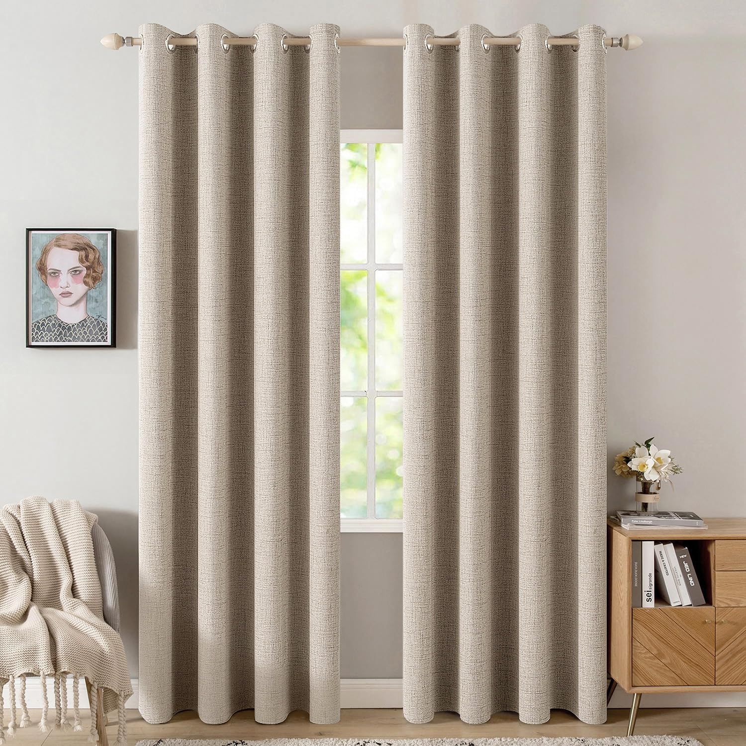 MIULEE 100% Blackout Linen Curtains for Bedroom Thermal Insulated Birch Grommet Room Darkening Curtains & Drapes for Living Room Nursery 52 x 96 Inch (2 Panels)
