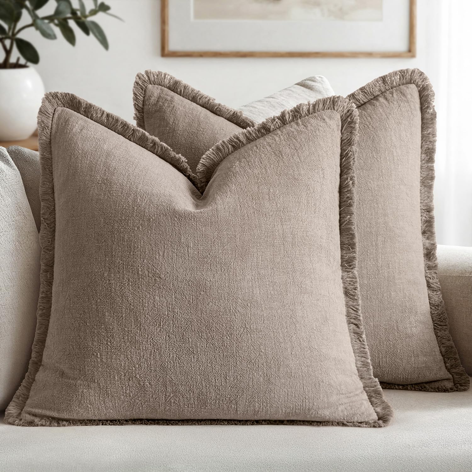 MIULEE Decorative Throw Pillow Covers Neutral Linen Fringe Throw Pillows Euro Shams Set of 2 Brown Boho Farmhouse Cushion Covers for Couch Sofa Bed Living Room Spring Home Decor 26x26 Inch