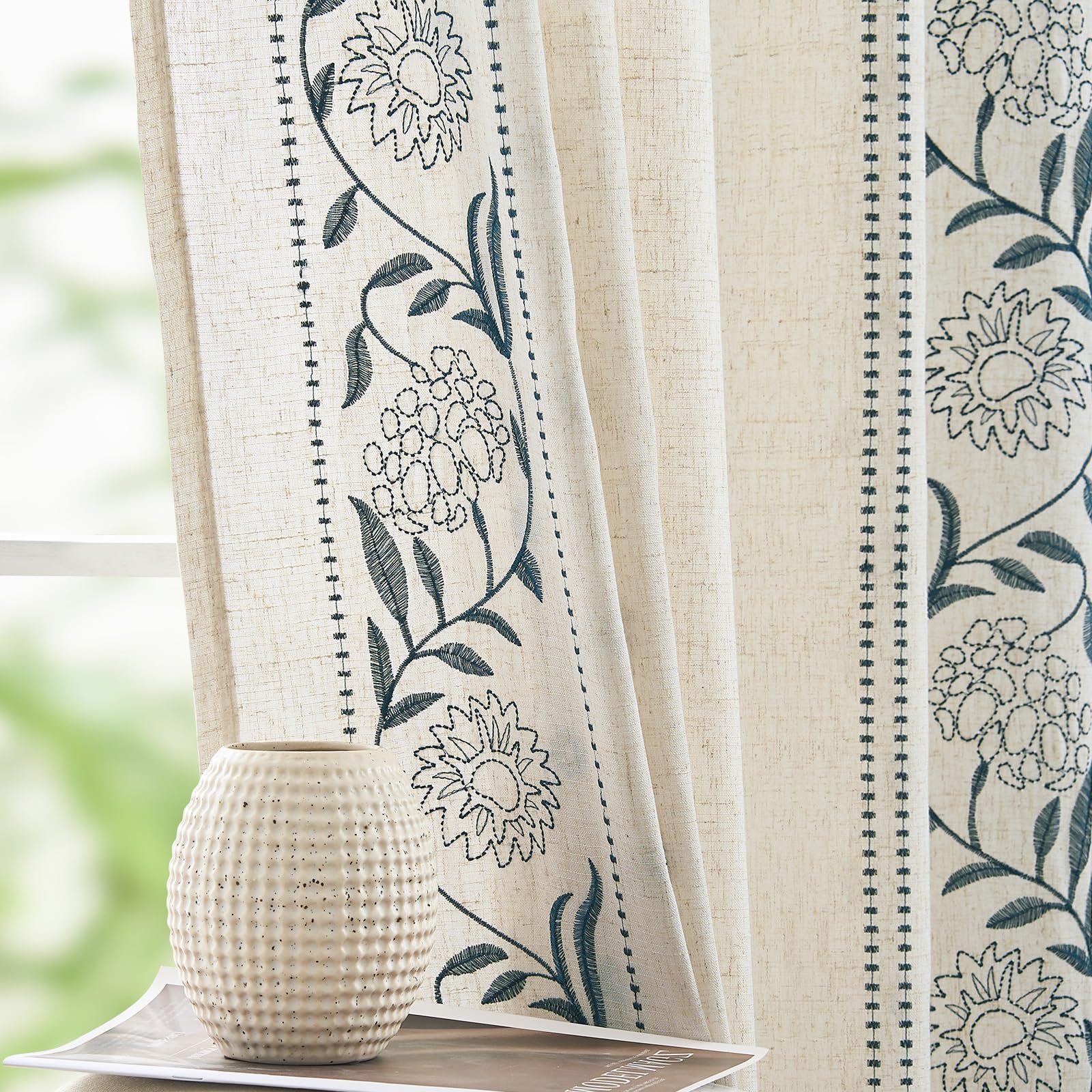 jinchan Winslow Linen Curtains for Bedroom 84 Inches Length Embroidered Bordered Floral Curtains for Living Room Farmhouse Decor Light Filtering Window Treatments Sage on Beige Drapes 2 Panels