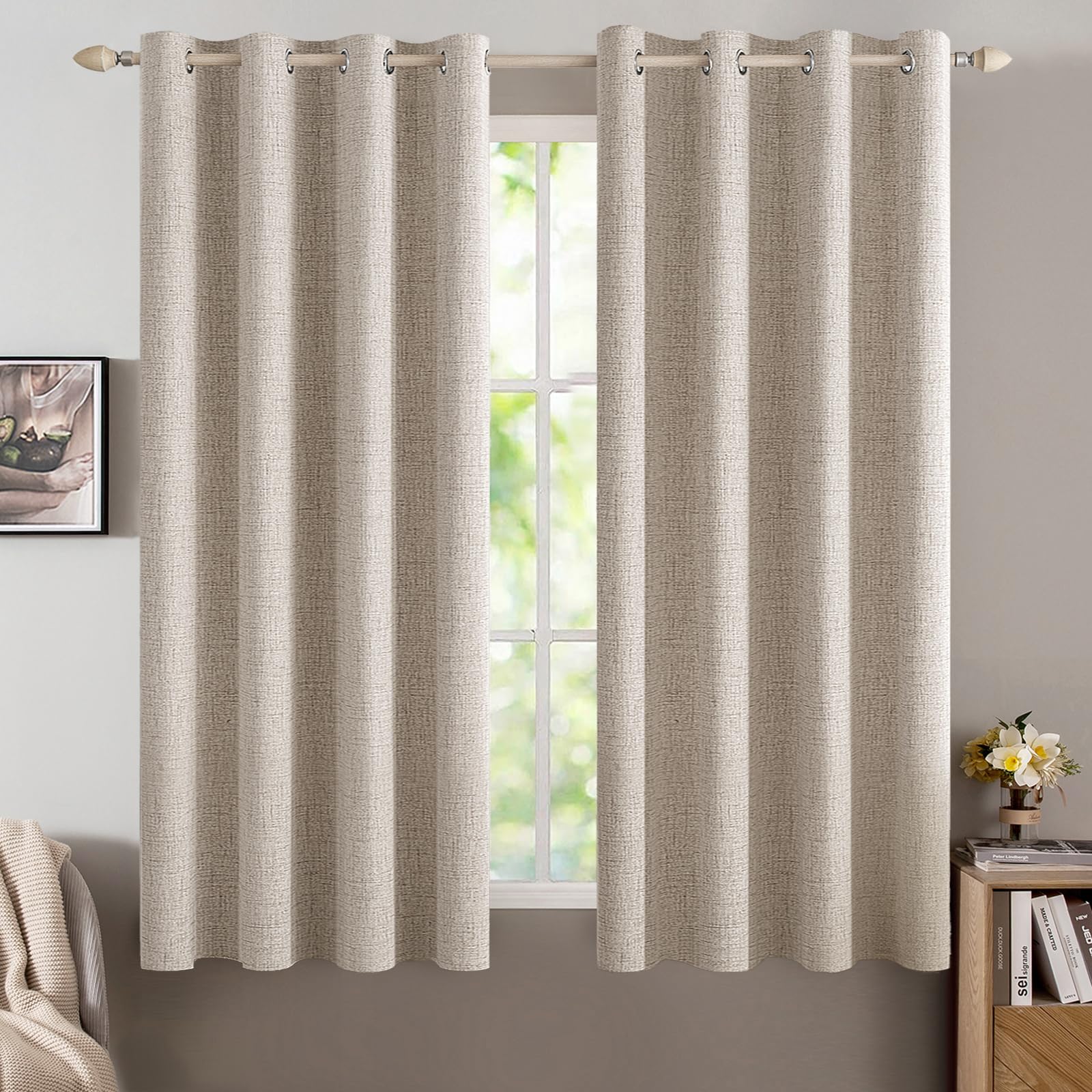 MIULEE 100% Blackout Linen Curtains for Bedroom Thermal Insulated Birch Grommet Room Darkening Curtains & Drapes for Living Room Nursery 52 x 96 Inch (2 Panels)