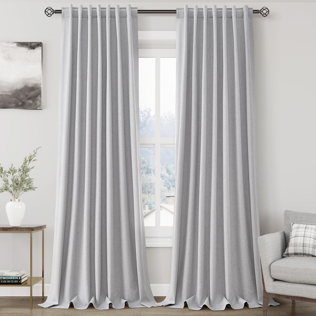 Nanspring Light Grey 100% Blackout Linen Curtains for Bedroom 90 Inches Long Back Tab Thermal Insulated Modern Luxury Simple Black Out Curtain for Living Room Dining Room Drapes 52x90, 2 Panels