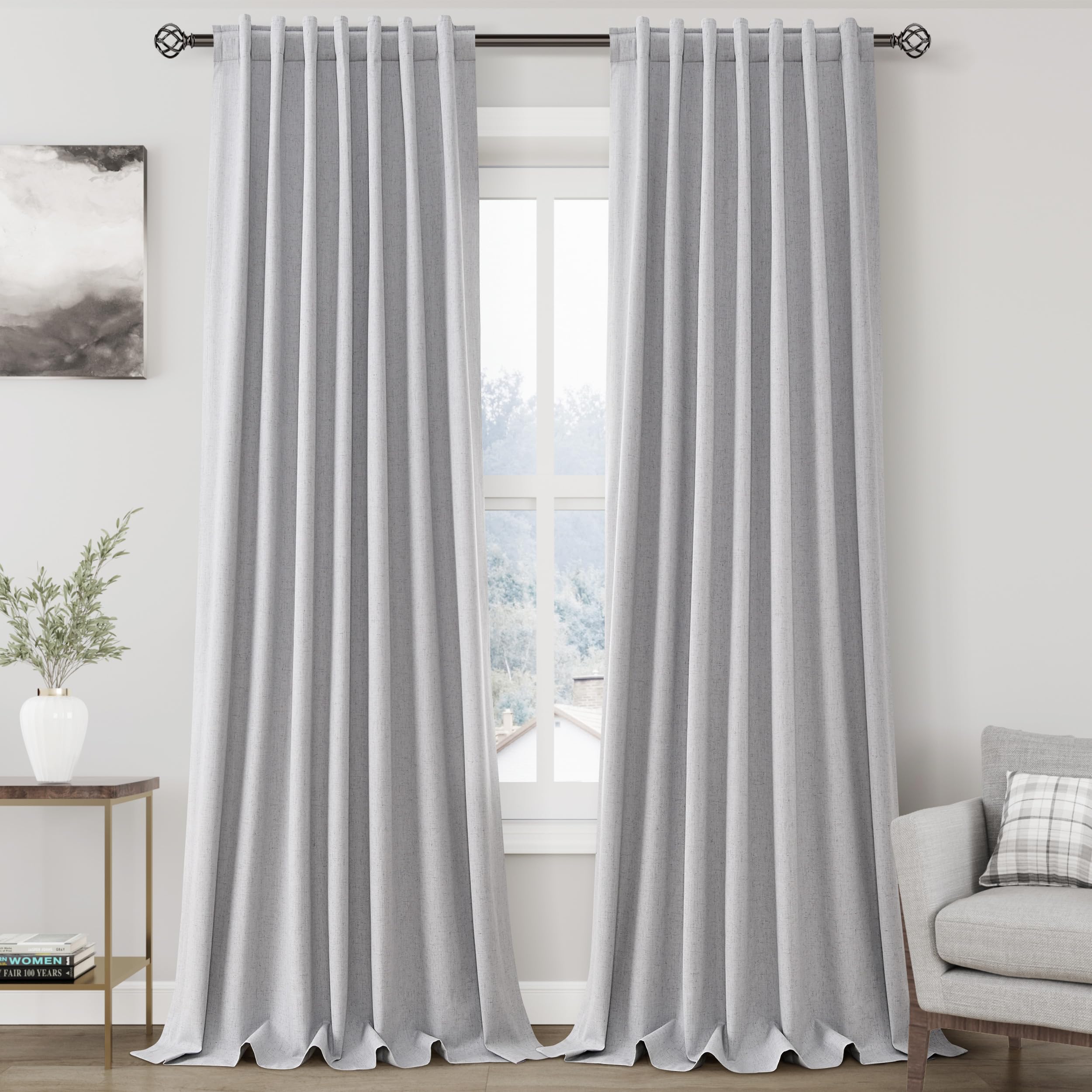 Nanspring Light Grey 100% Blackout Linen Curtains for Bedroom 90 Inches Long Back Tab Thermal Insulated Modern Luxury Simple Black Out Curtain for Living Room Dining Room Drapes 52x90, 2 Panels