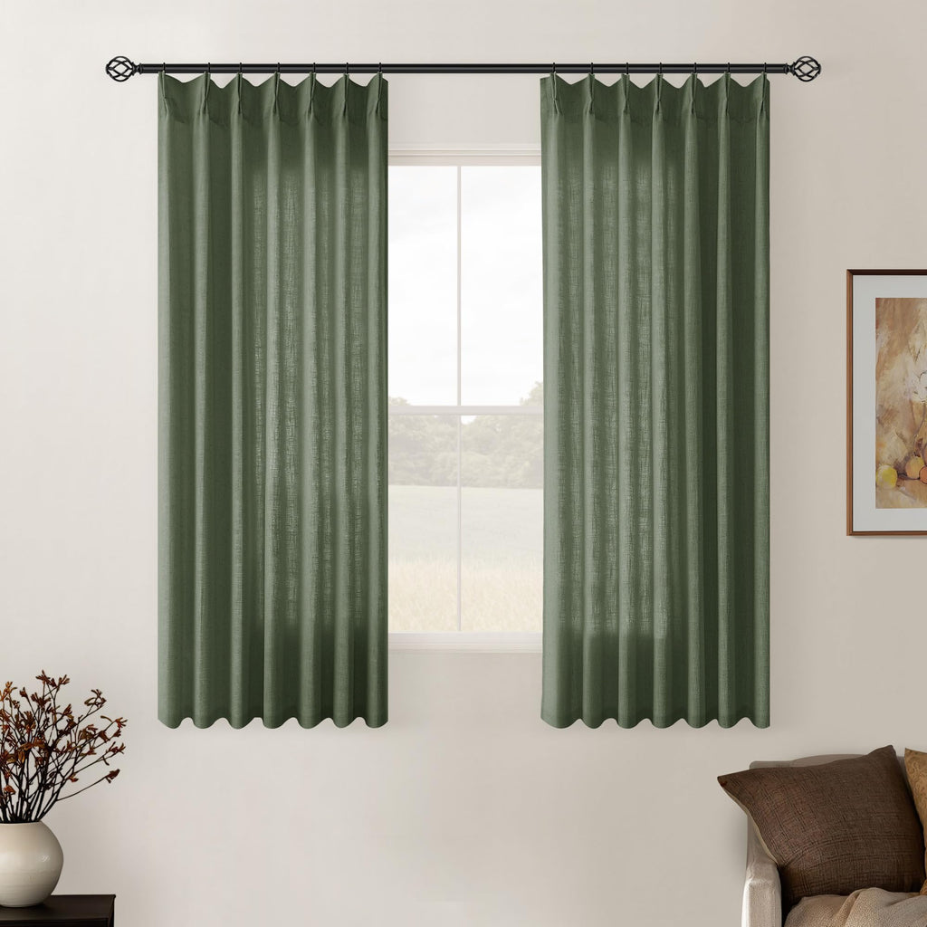 90 Inch Pinch Pleated Linen Curtains 2 Panel Set for Living Room Cream Natural Thick Linen Textured Drapes 90 Inches Long Pinch Pleat Drapes Birch Ivory Semi Sheer Curtain for Dining Bedroom Office