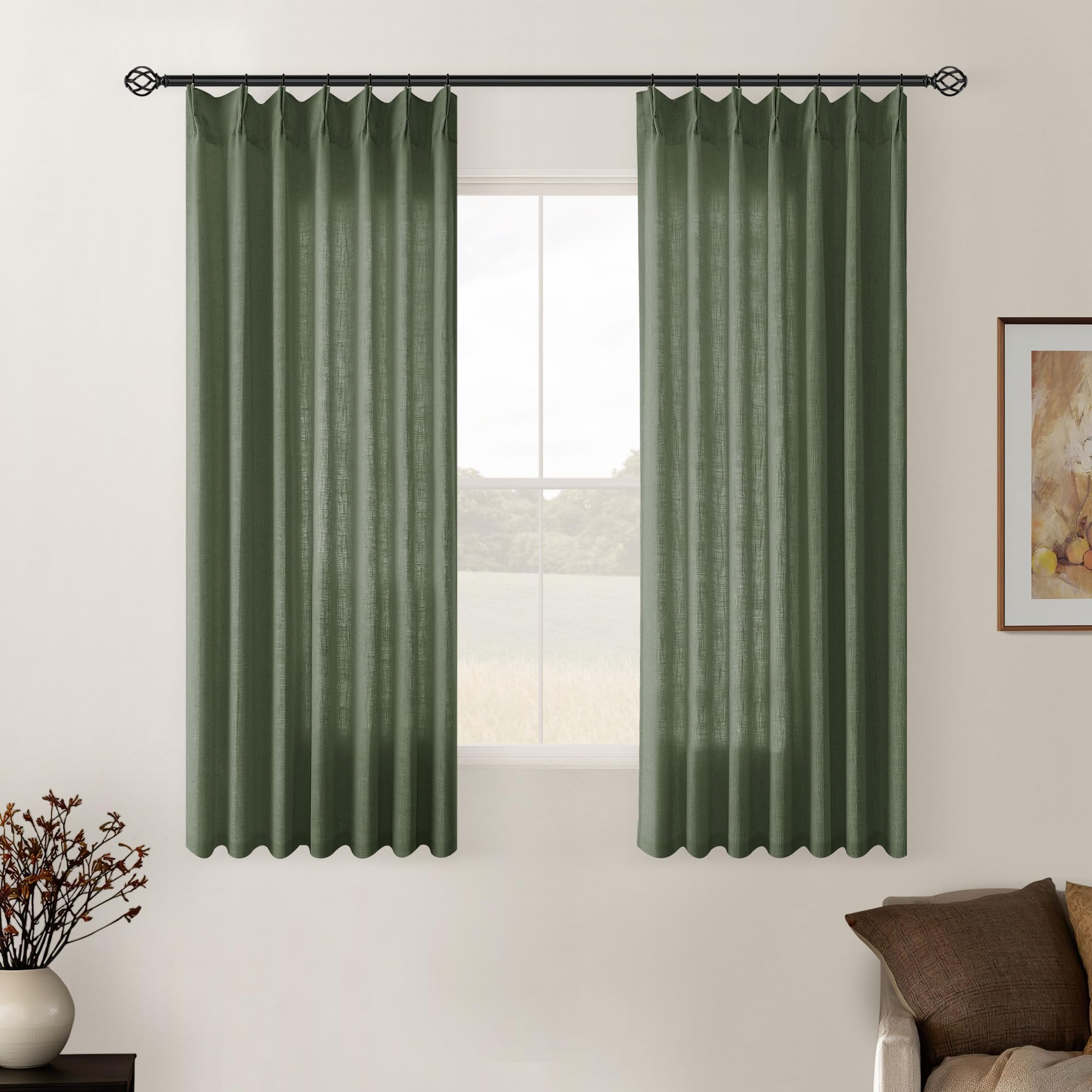 90 Inch Pinch Pleated Linen Curtains 2 Panel Set for Living Room Cream Natural Thick Linen Textured Drapes 90 Inches Long Pinch Pleat Drapes Birch Ivory Semi Sheer Curtain for Dining Bedroom Office