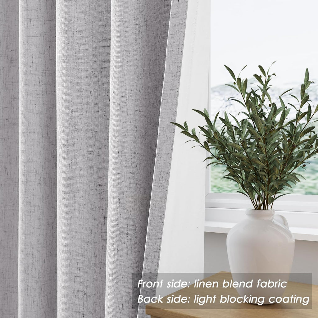 Nanspring Light Grey 100% Blackout Linen Curtains for Bedroom 90 Inches Long Back Tab Thermal Insulated Modern Luxury Simple Black Out Curtain for Living Room Dining Room Drapes 52x90, 2 Panels